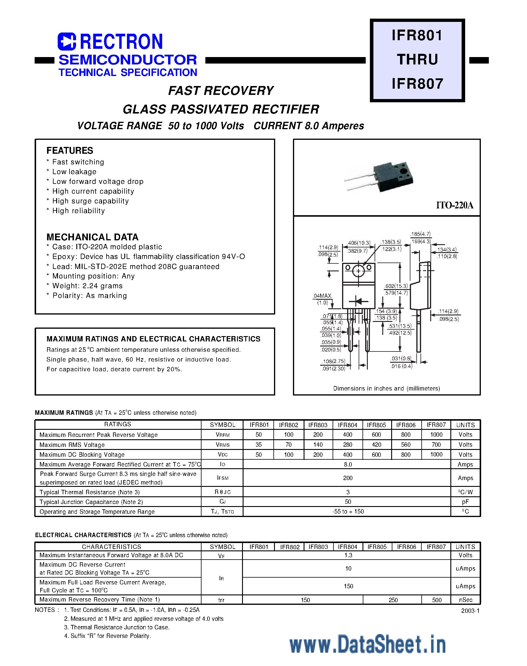 Datasheet IFR801 page 1 Datasheet IFR801 - (IFR801 - IFR807) Fast Recovery Glass Passivated Rectifier page 1