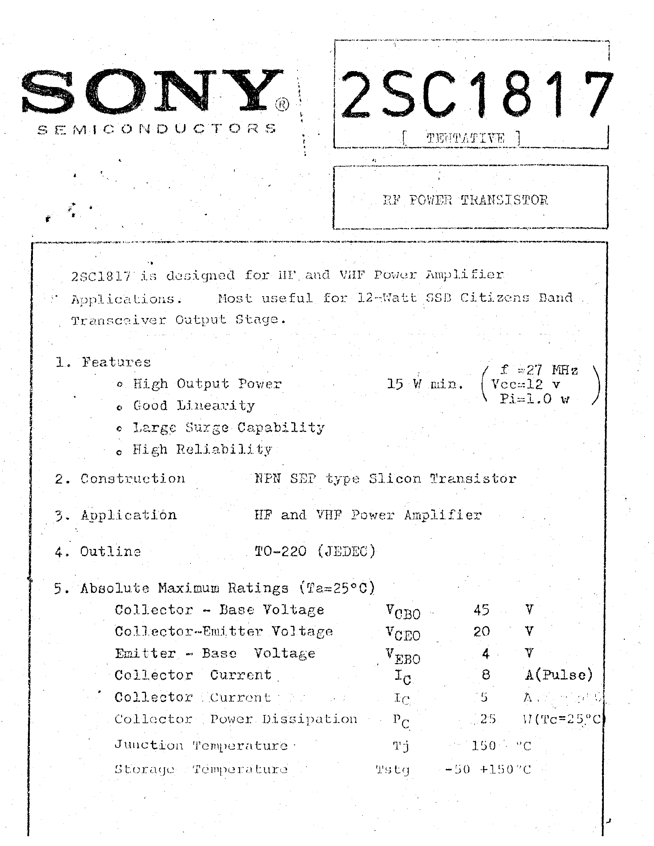 Datasheet 2SC1817 - RP POWER TRANSISTOR page 1