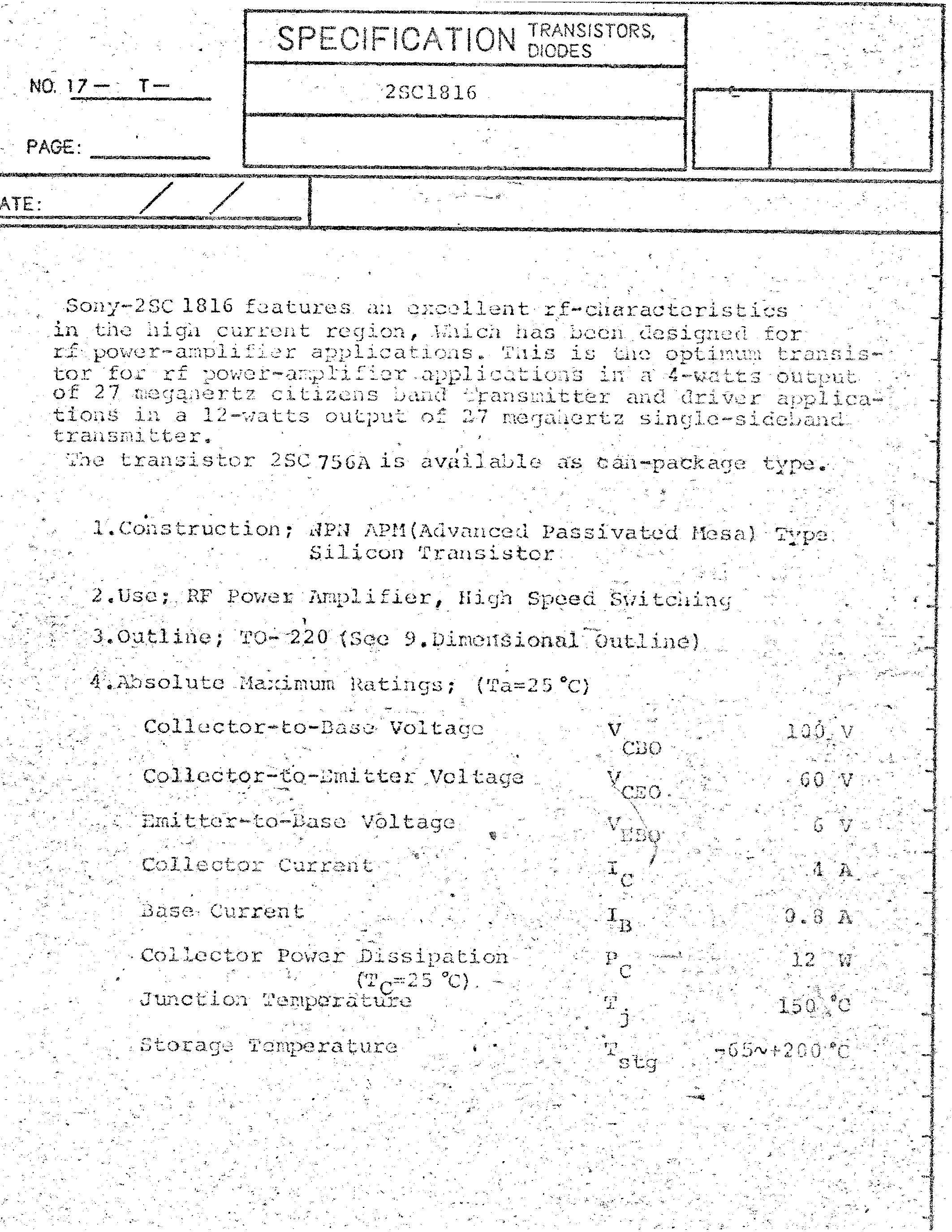 Datasheet 2SC1816 page 1 Datasheet 2SC1816 - SPECIFICATION TRANSISTORSS / DIODES page 1