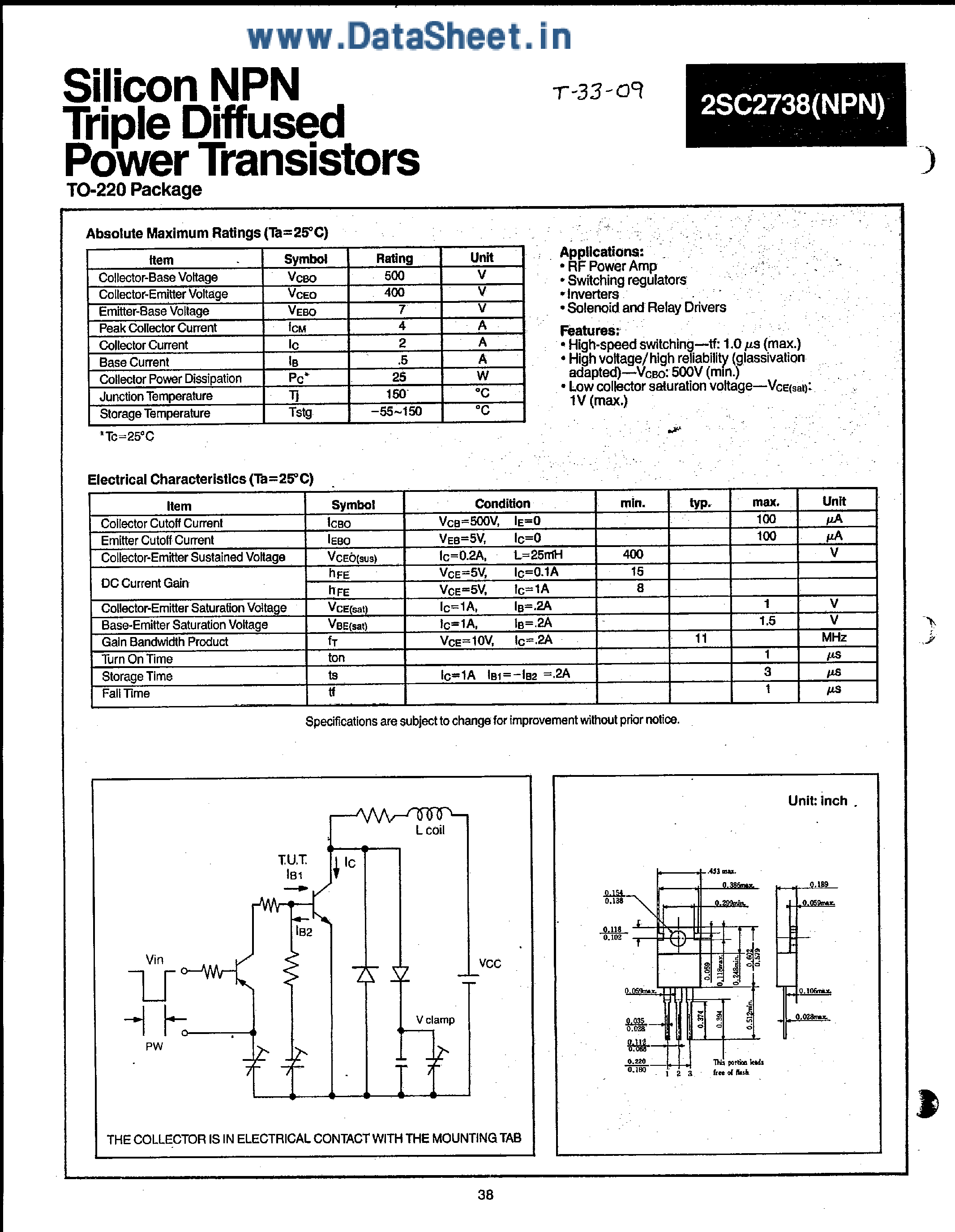 Datasheet 2SC2738 - Silicon NPN Triple Diffused Power Transistors page 1