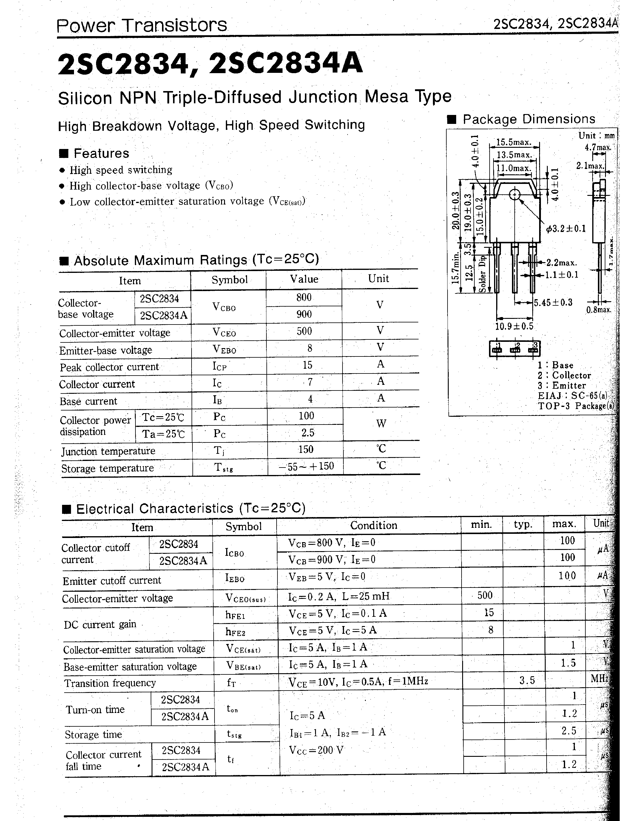 Datasheet 2SC2834 page 1 Datasheet 2SC2834 - Silicon NPN Triple-Diffused Junction Mesa Type page 1