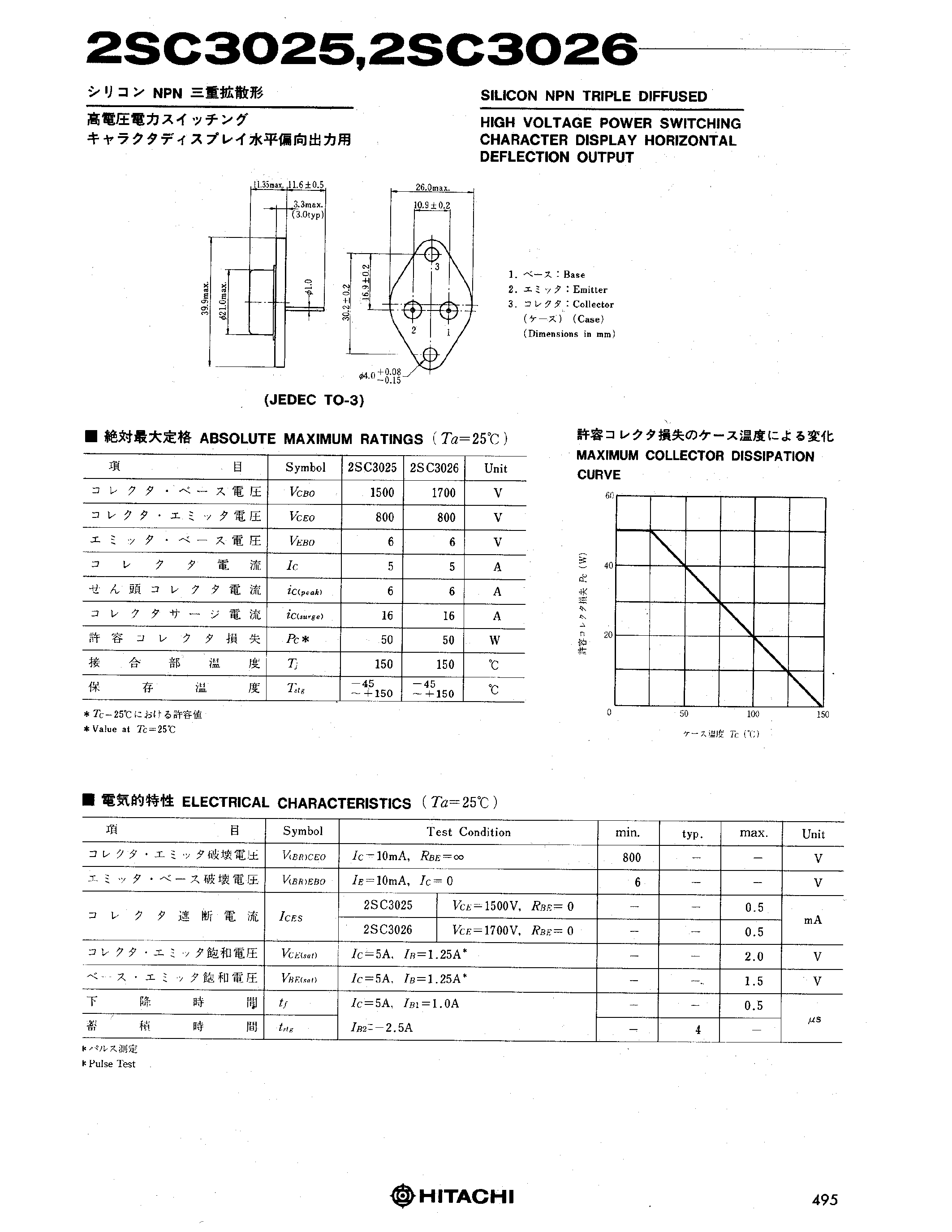 Datasheet 2SC3025 - (2SC3025 - 2SC3026) HIGH VOLTAGE POWER SWITCHING CHARACTER DISPLAY HORIZONTAL DEFLECTION OUTPUT page 1