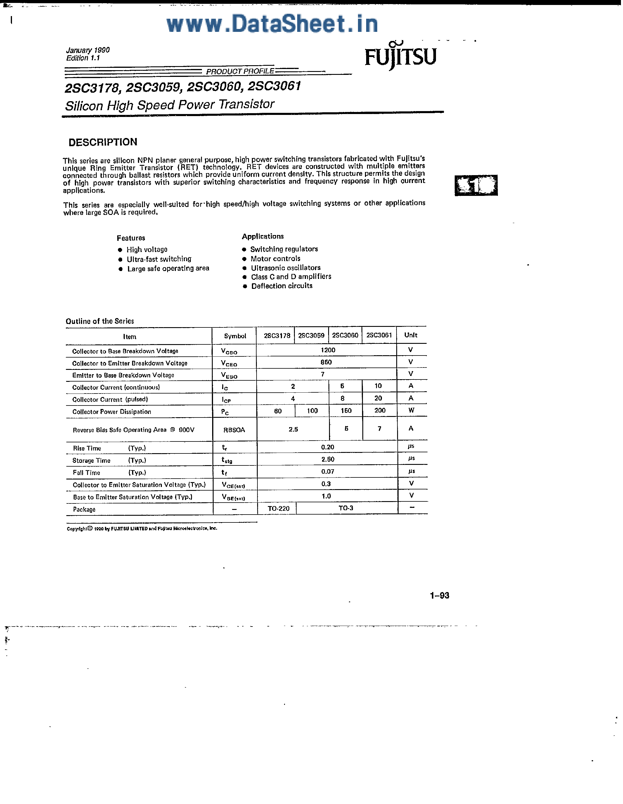 Datasheet 2SC3059 - (2SC3178 / 2SC3059 - 2SC3061) Silicon High Speed Power Transistor page 1