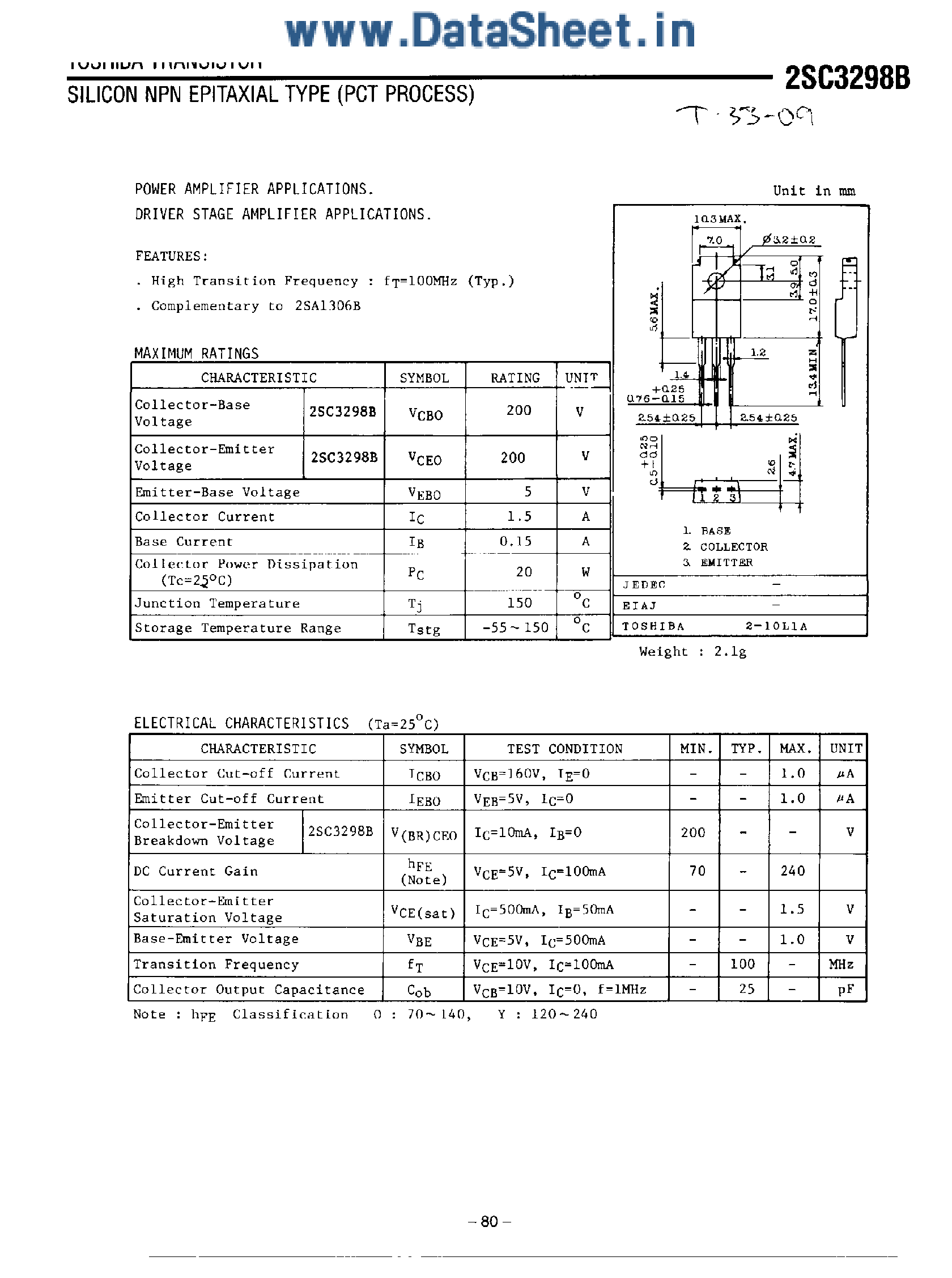 Datasheet 2SC3298B - SILICON NPN EPITAXIAL TYPE page 1