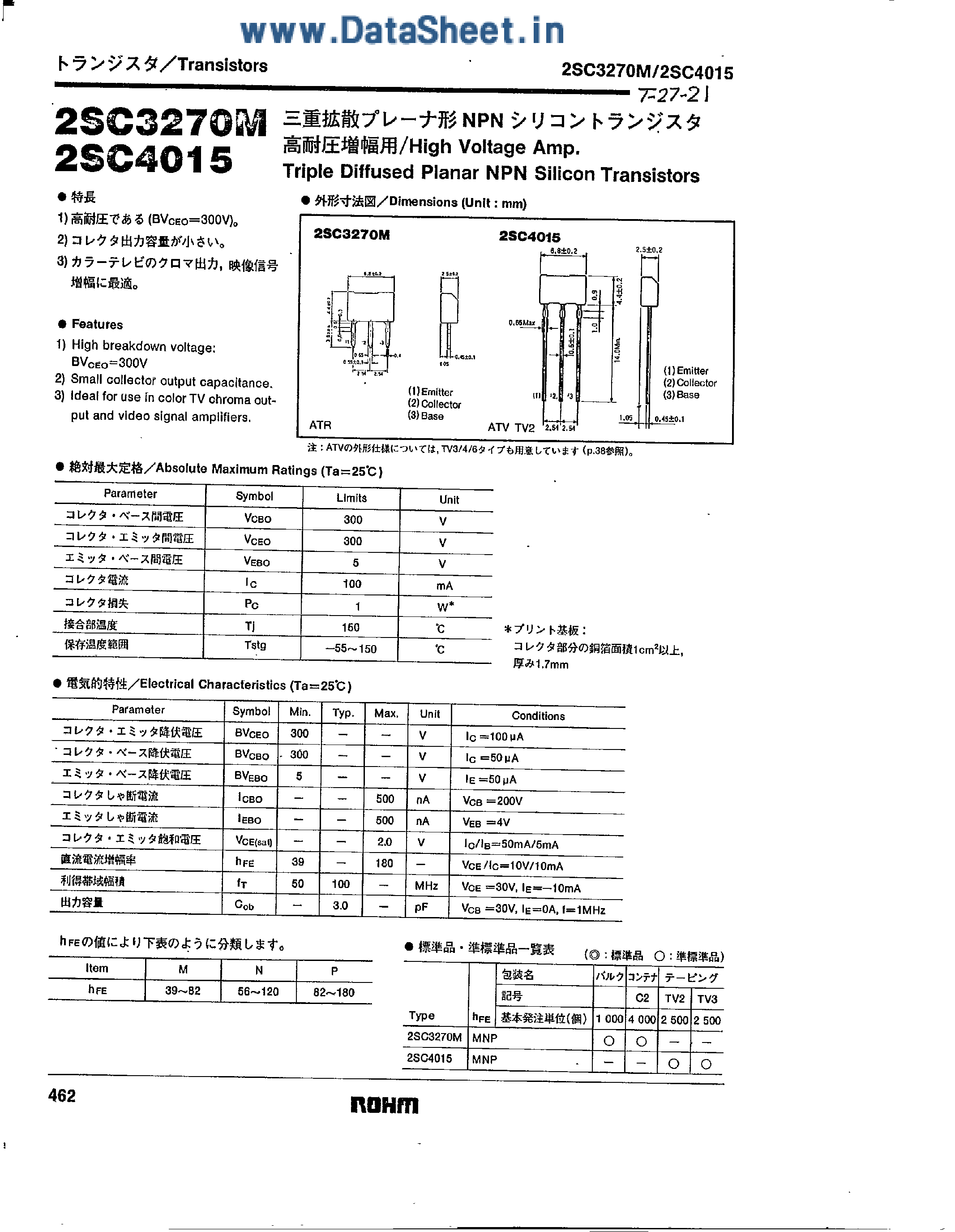 Даташит на микросхему 2SC3270M страница 1 Даташит 2SC3270M - (2SC3270M / 2SC4015) Triple Diffused Planar NPN Silicon Transistors страница 1