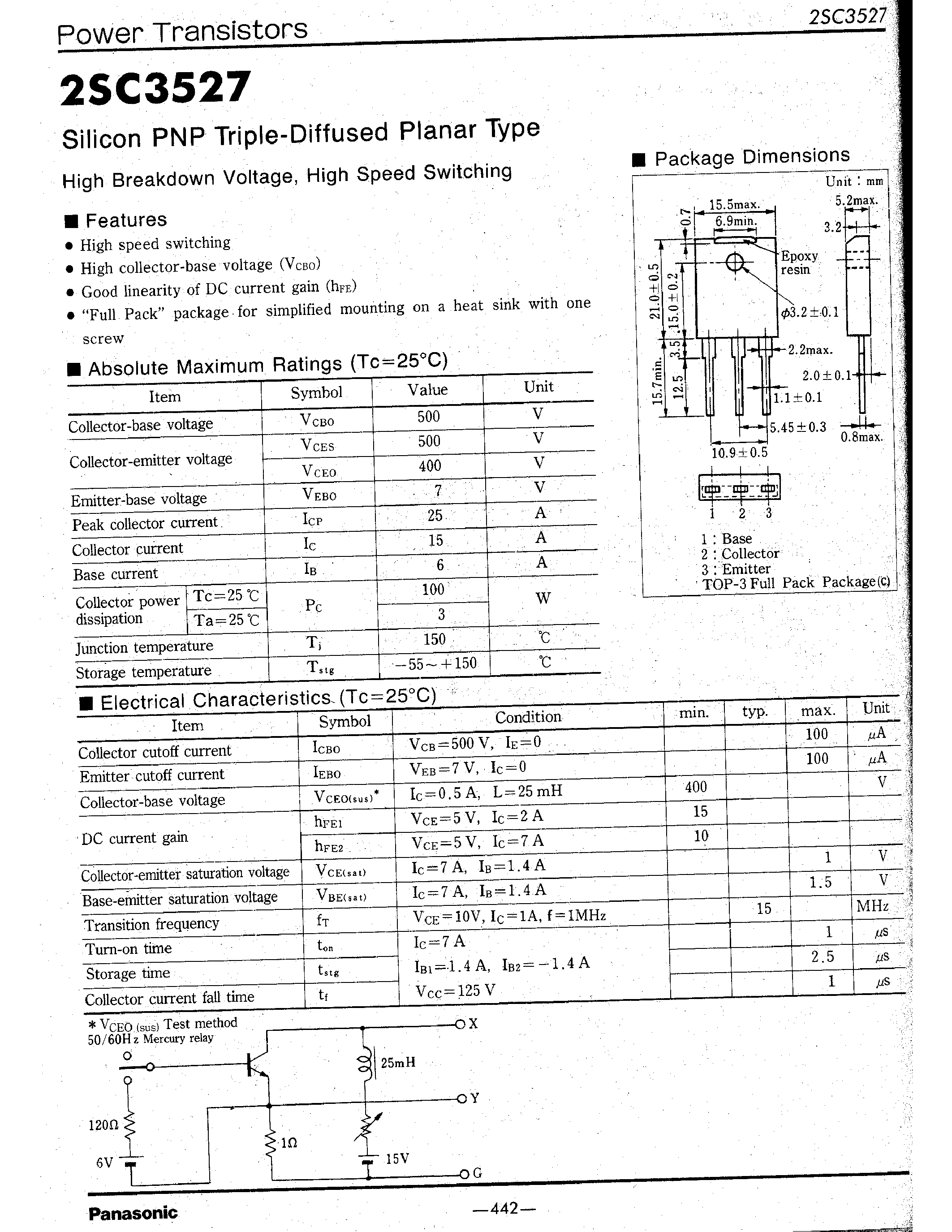Datasheet 2SC3527 page 1 Datasheet 2SC3527 - Silicon PNP Triple-Diffused Planar Type page 1