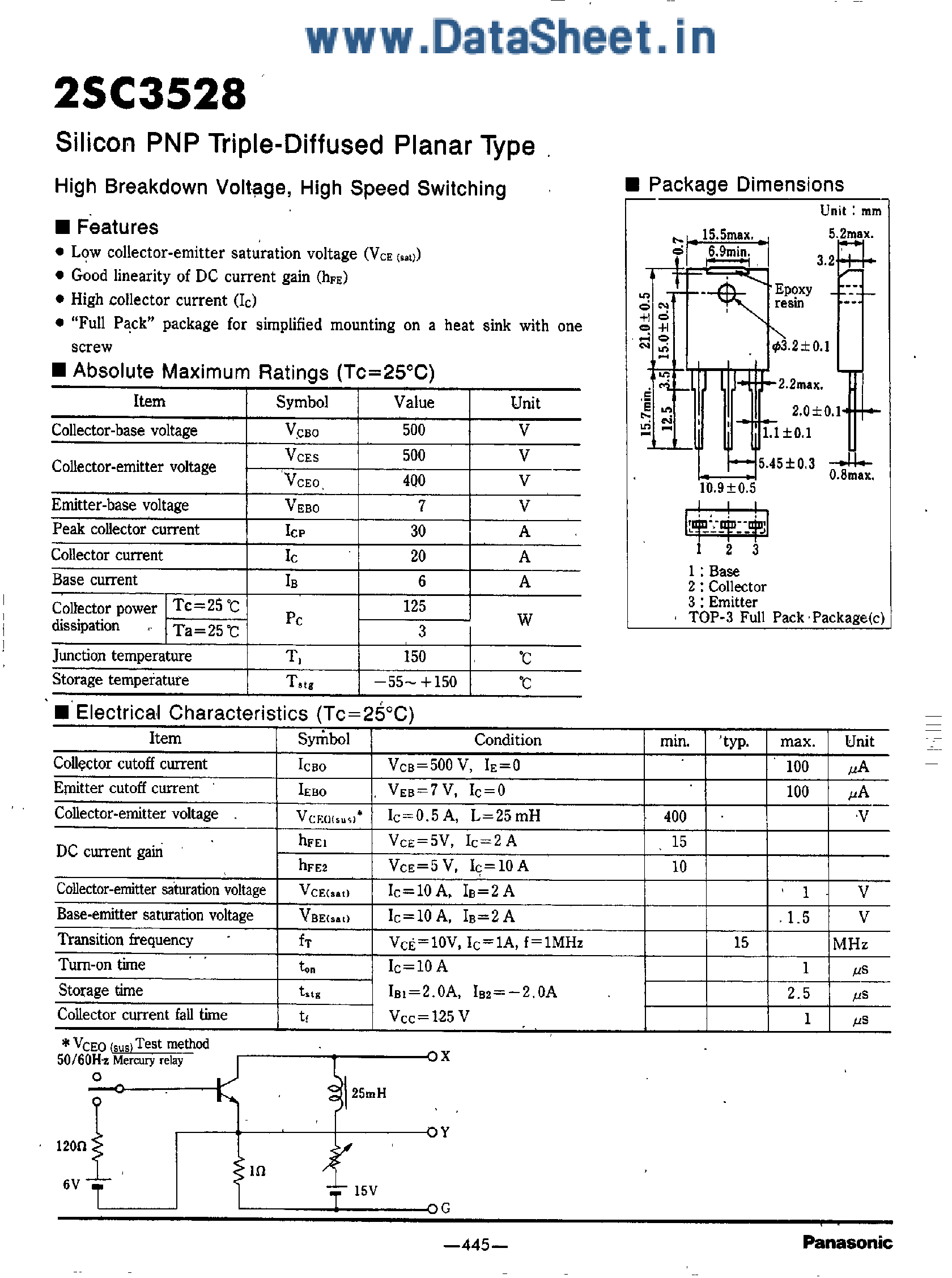 Datasheet 2SC3528 page 1 Datasheet 2SC3528 - High Breakdown Voltage / High Speed Switching page 1