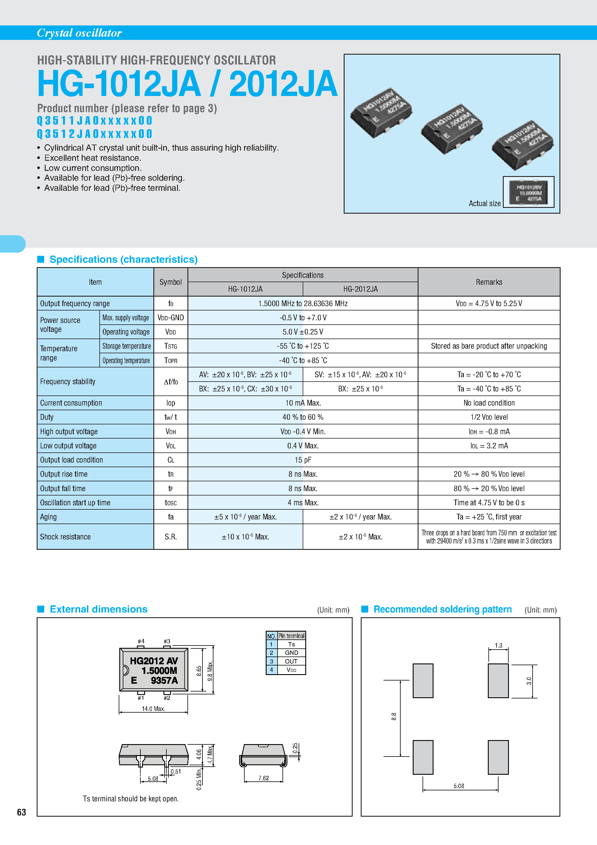 Datasheet HG-1012JA - (HG-1012JA / HG-2012JA) High Stability High Frequency Oscillator page 1