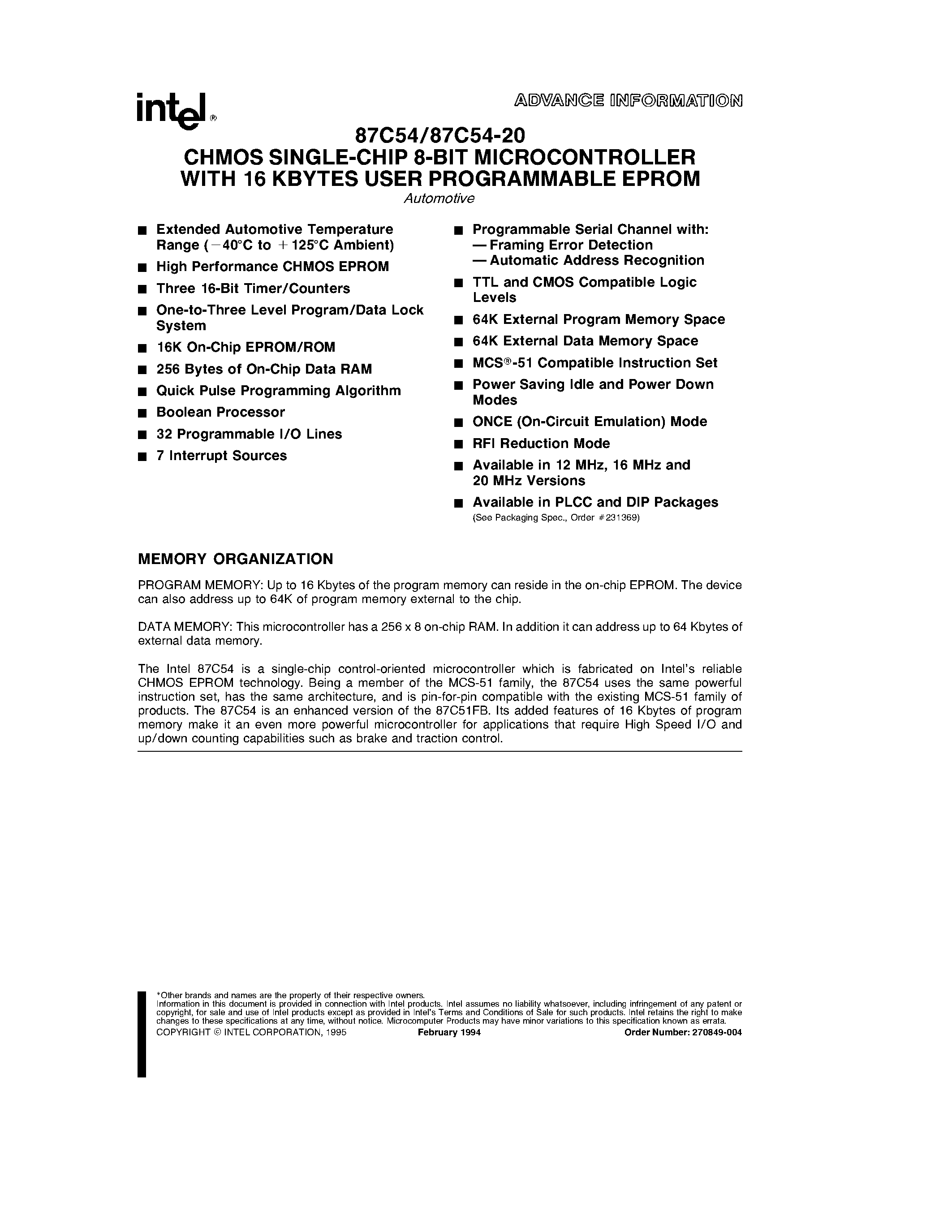 Datasheet TN87C54 page 1 Datasheet TN87C54 - CHMOS SINGLE-CHIP 8-BIT MICROCONTROLLER WITH 16 KBYTES USER PROGRAMMABLE EPROM page 1