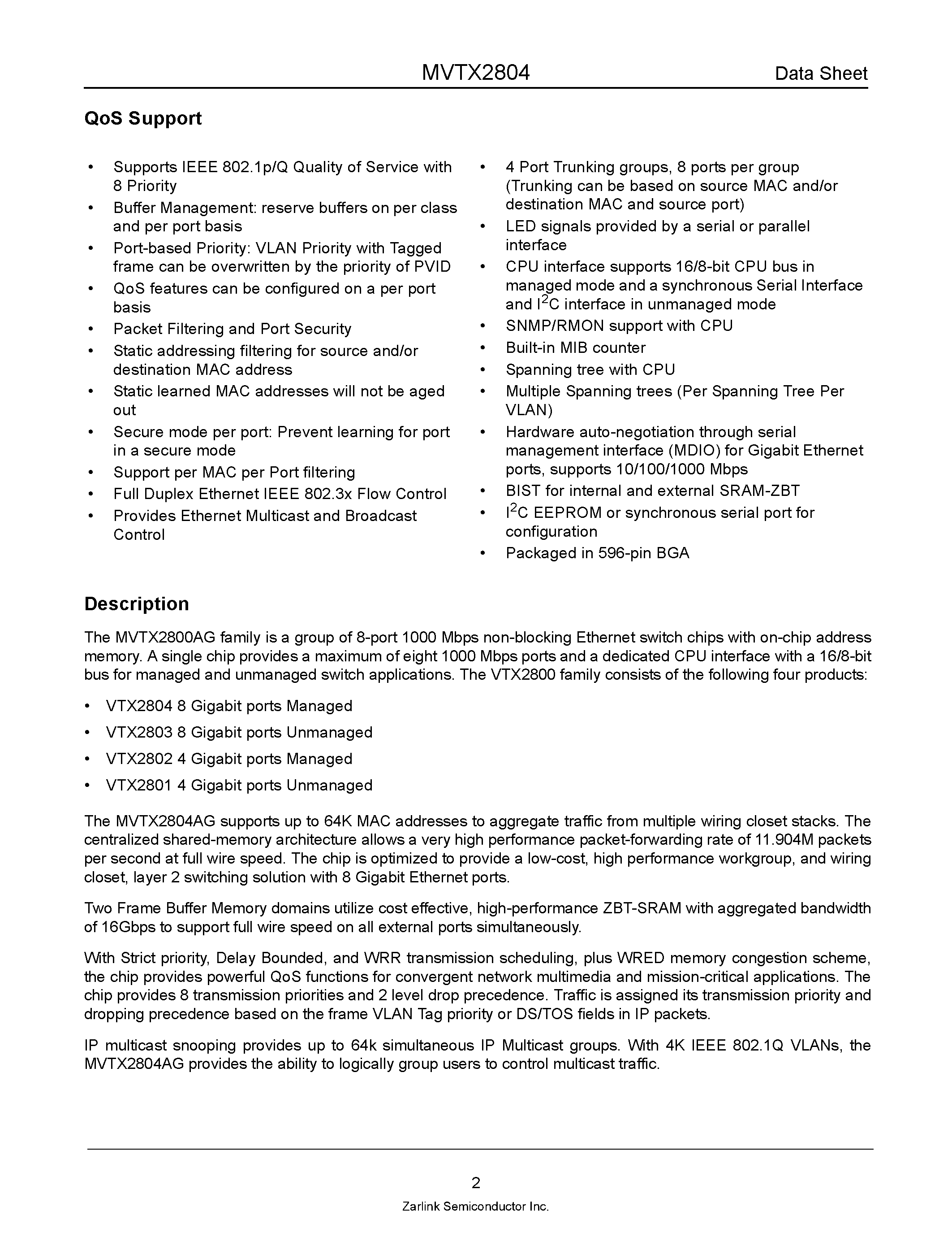 Datasheet MVTX2804 - 8-Port 1000 Mbps Ethernet Distributed Switch page 2