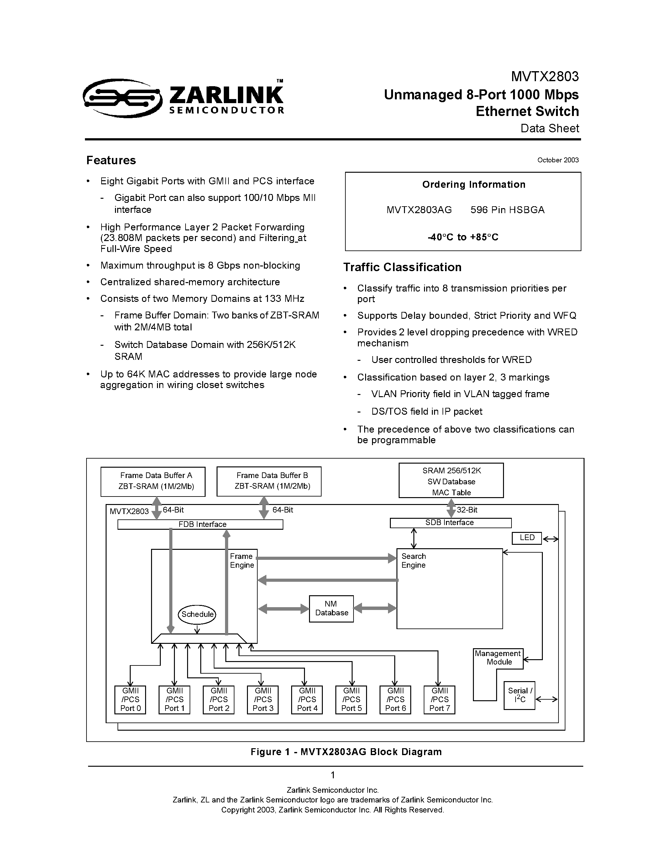 Datasheet MVTX2803 page 1 Datasheet MVTX2803 - Unmanaged 8-Port 1000 Mbps Ethernet Switch page 1