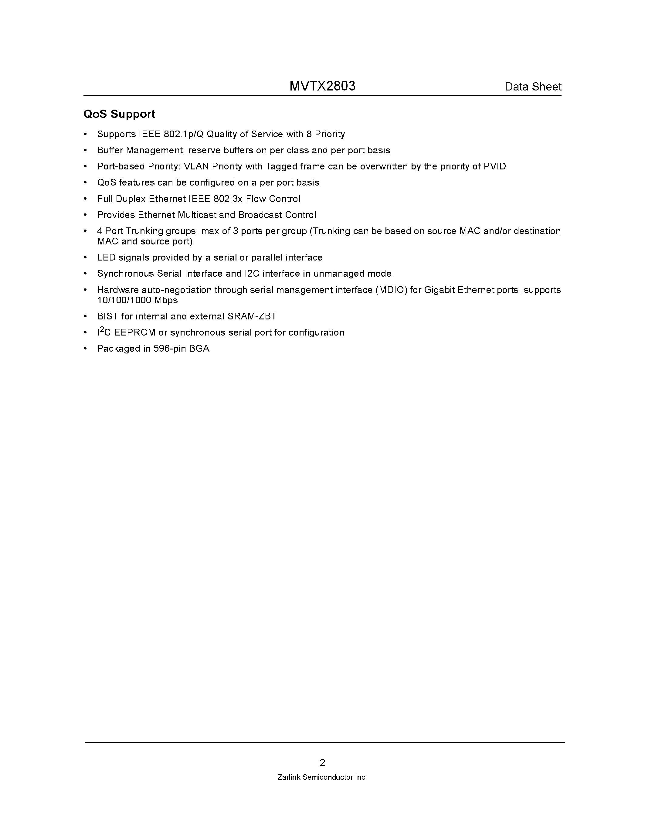Datasheet MVTX2803 page 2 Datasheet MVTX2803 - Unmanaged 8-Port 1000 Mbps Ethernet Switch page 2