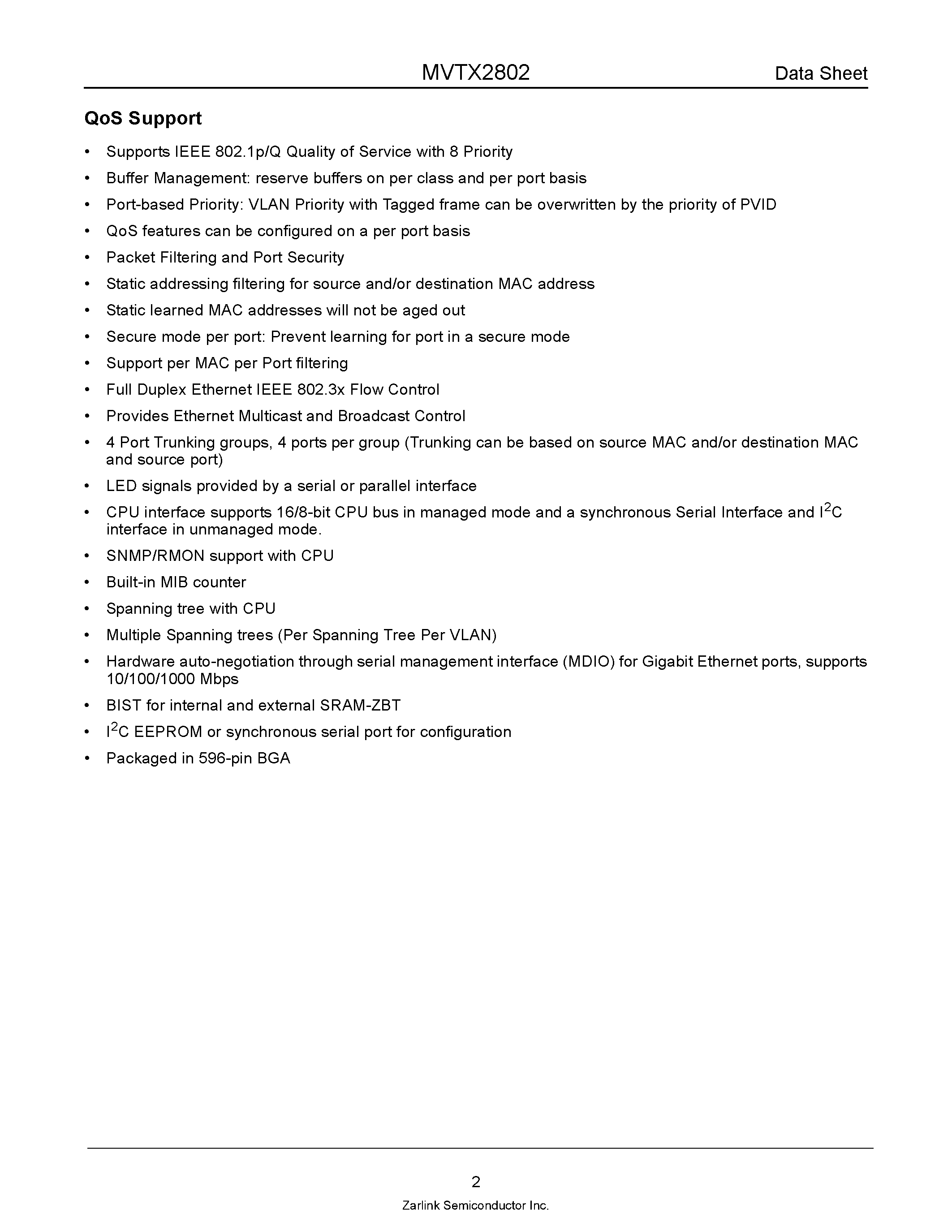 Datasheet MVTX2802 - Managed 4-Port 1000 Mbps Ethernet Switch page 2