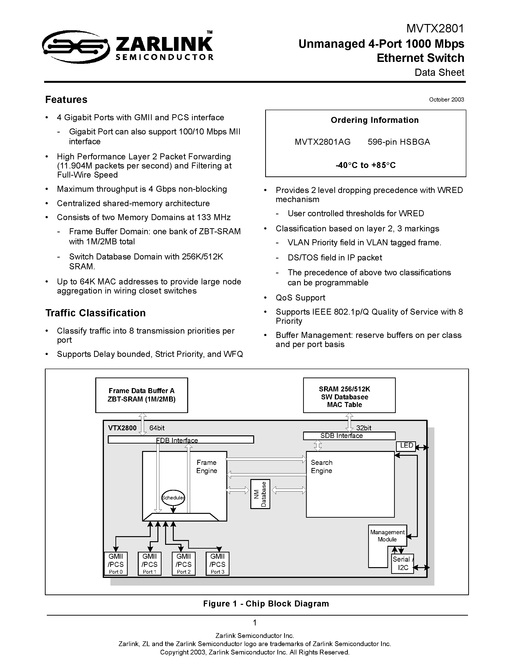 Datasheet MVTX2801 - Unmanaged 4-Port 1000 Mbps Ethernet Switch page 1