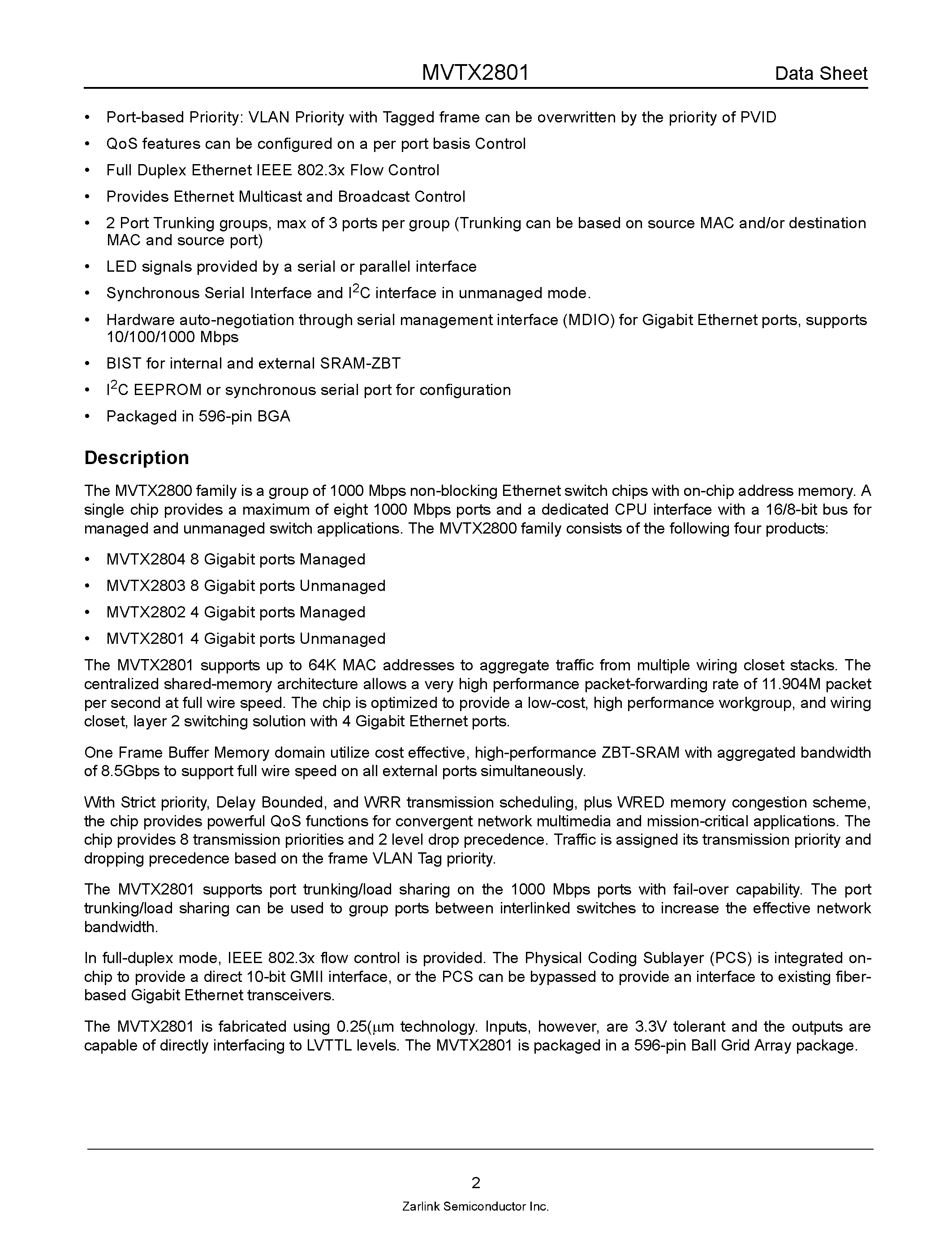 Datasheet MVTX2801 - Unmanaged 4-Port 1000 Mbps Ethernet Switch page 2