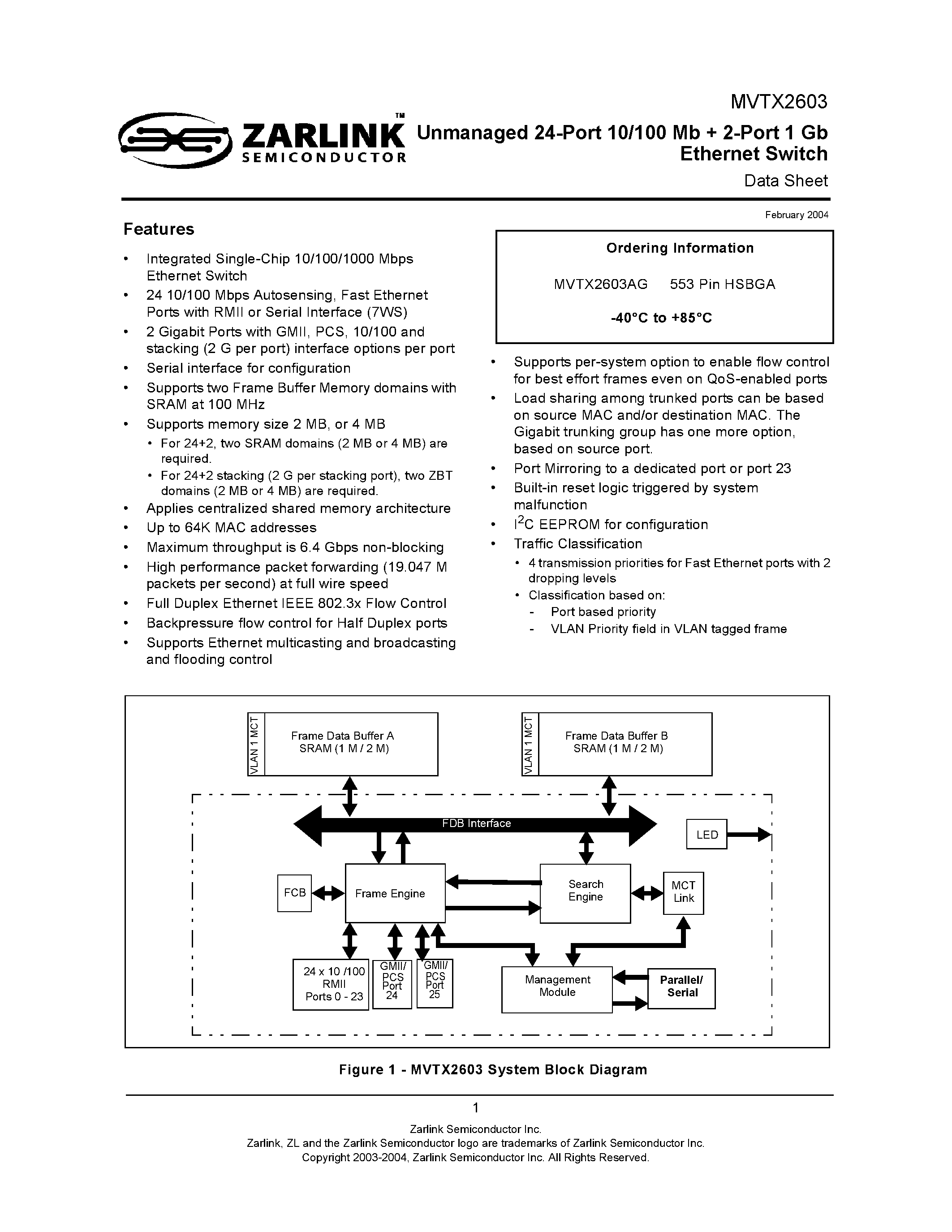 Datasheet MVTX2603 - Unmanaged 24-Port 10/100 Mb + 2-Port 1 Gb Ethernet Switch page 1