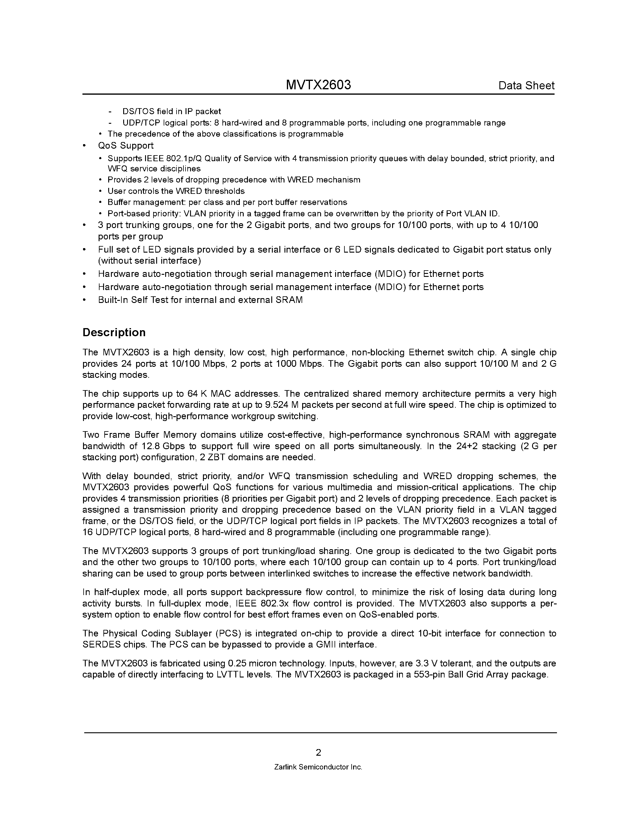 Datasheet MVTX2603 - Unmanaged 24-Port 10/100 Mb + 2-Port 1 Gb Ethernet Switch page 2