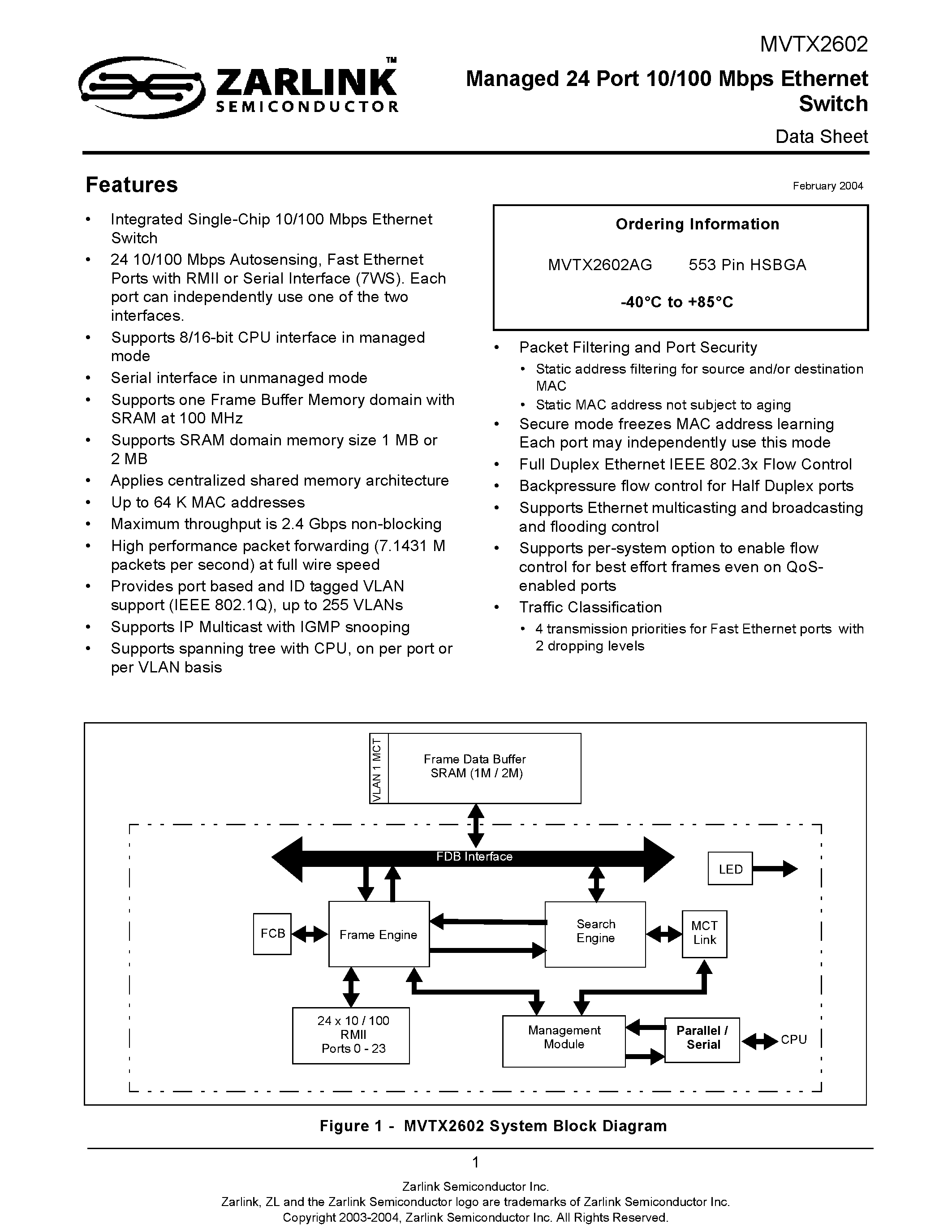 Datasheet MVTX2602 page 1 Datasheet MVTX2602 - Managed 24 Port 10/100 Mbps Ethernet Switch page 1