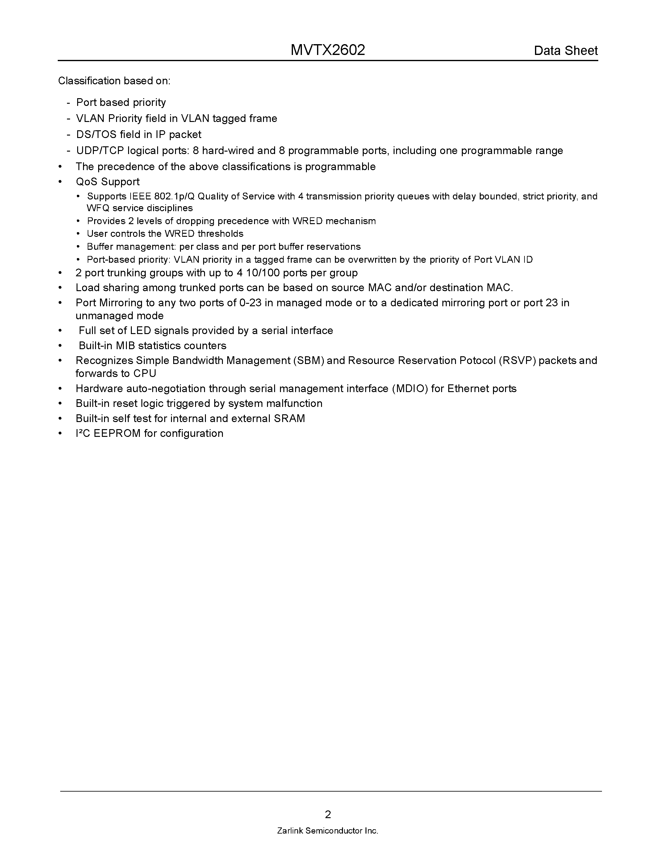 Datasheet MVTX2602 page 2 Datasheet MVTX2602 - Managed 24 Port 10/100 Mbps Ethernet Switch page 2