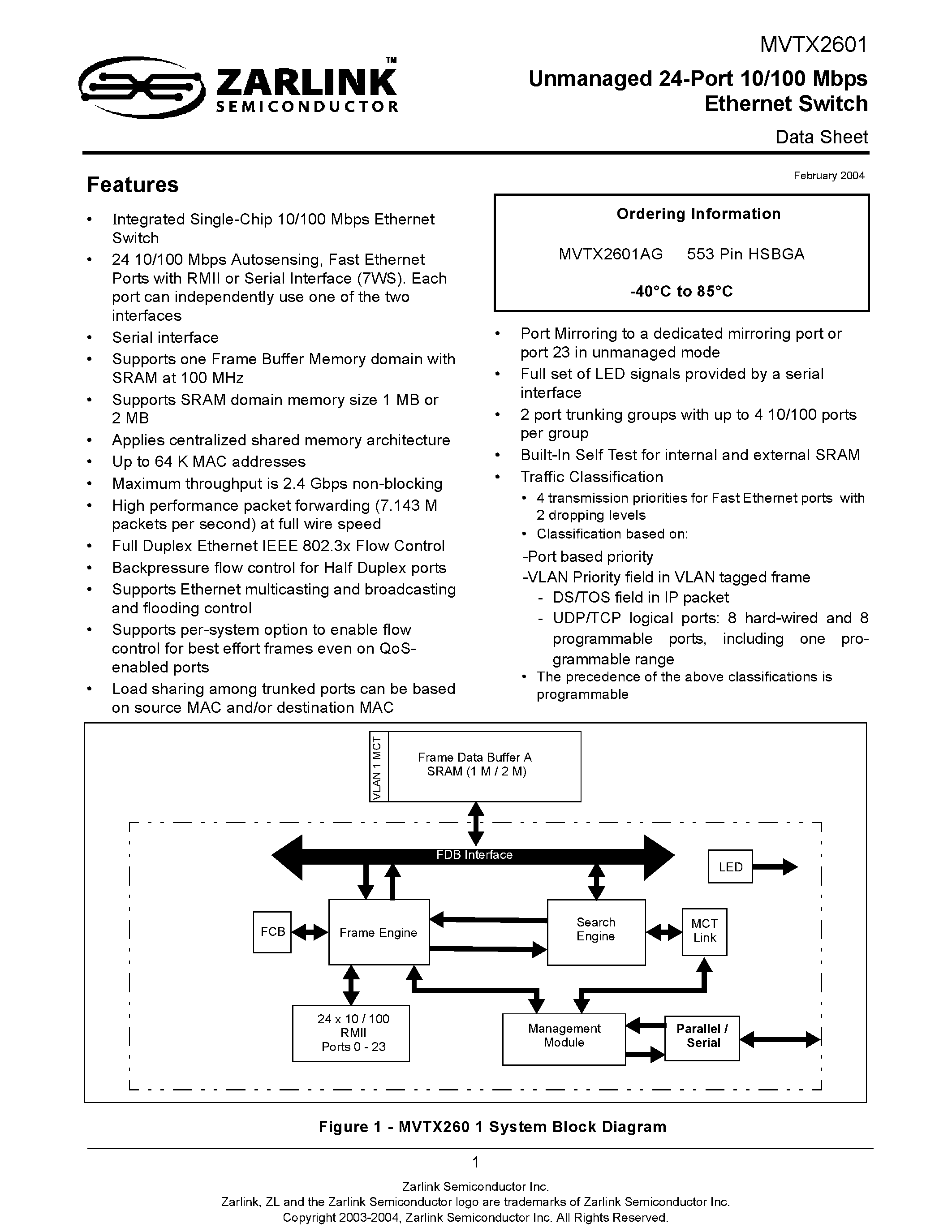 Datasheet MVTX2601 page 1 Datasheet MVTX2601 - Unmanaged 24-Port 10/100 Mbps Ethernet Switch page 1