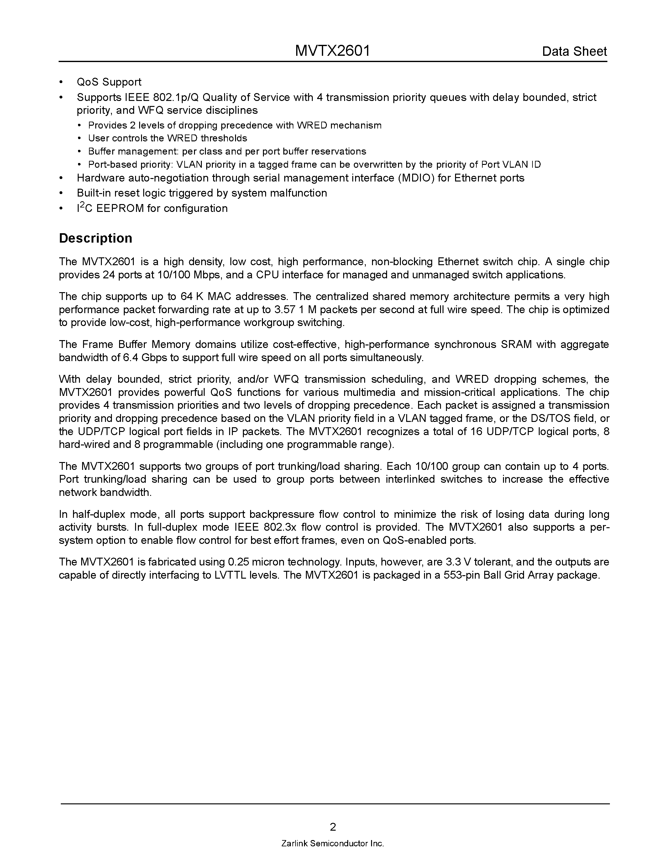 Datasheet MVTX2601 page 2 Datasheet MVTX2601 - Unmanaged 24-Port 10/100 Mbps Ethernet Switch page 2