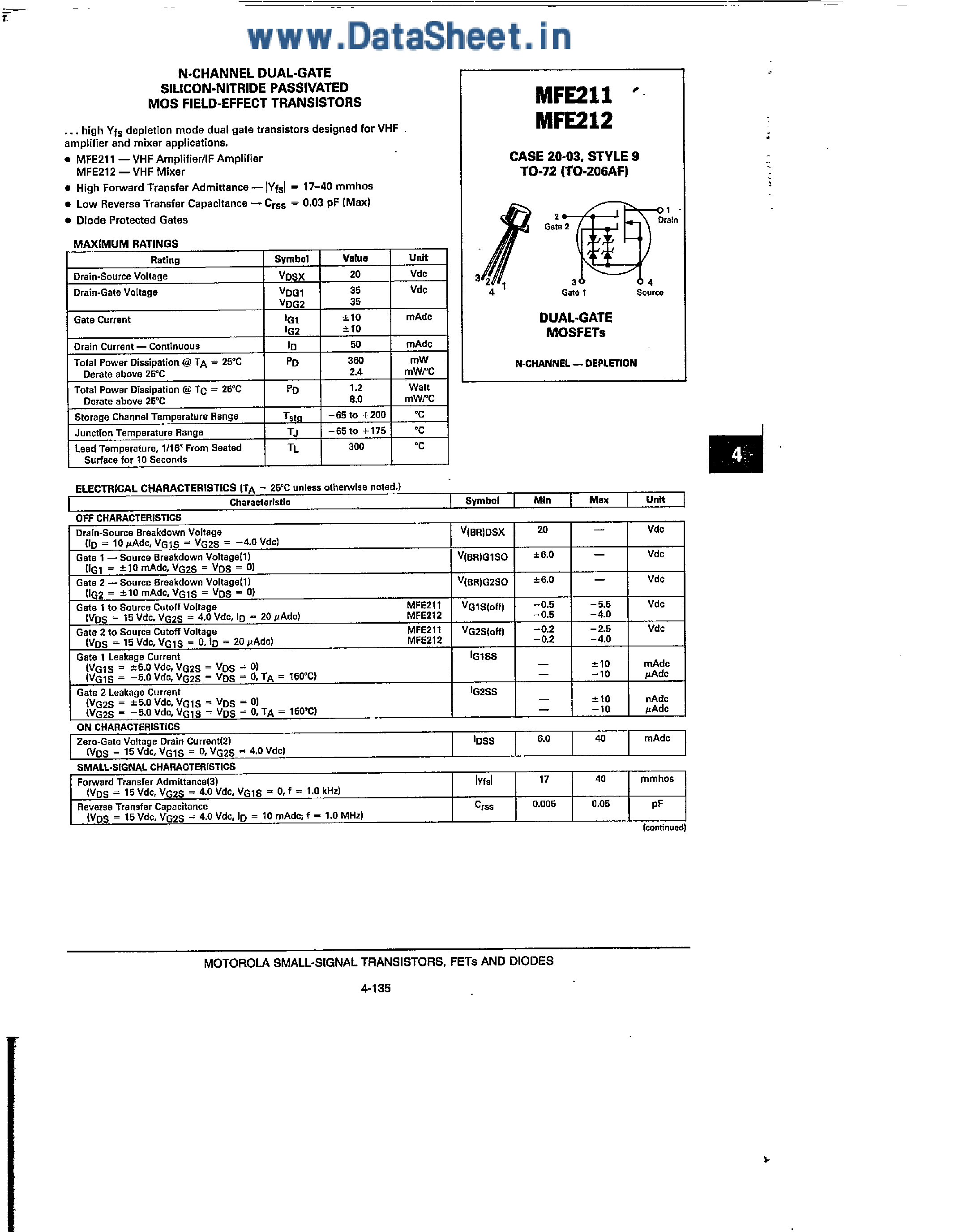 Datasheet MFE211 - (MFE211 / MFE212) N-Channel Dual Gate MOS Field Effect Transistors page 1