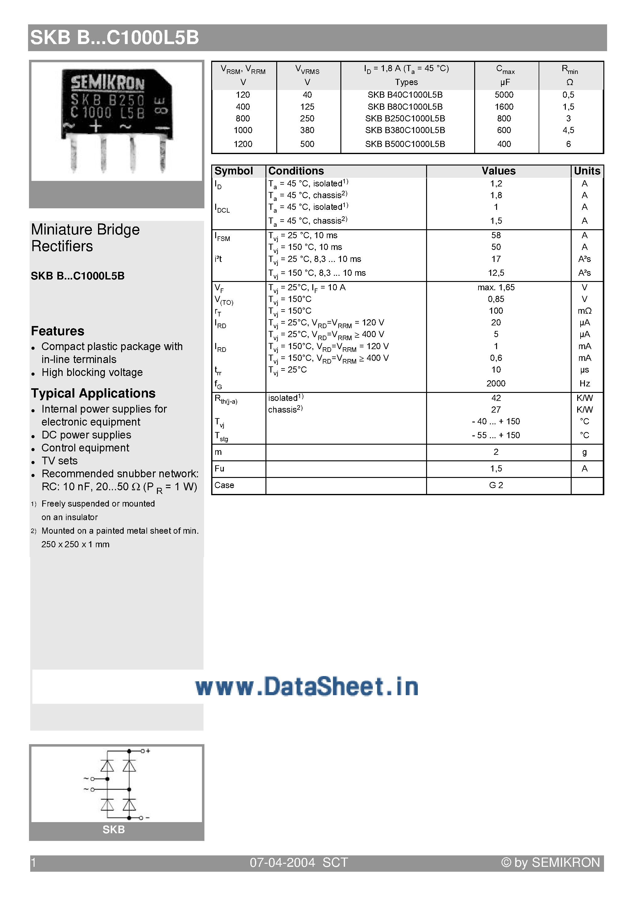 Datasheet SKBB80C1000L5B - BRIDGE RECTIFIER page 1