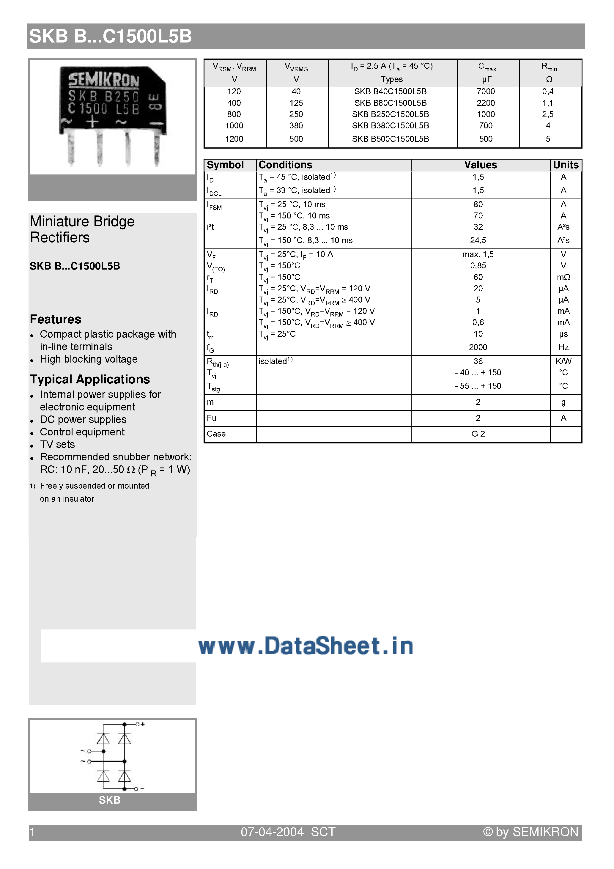 Datasheet SKBB80C1500L5B - BRIDGE RECTIFIER page 1