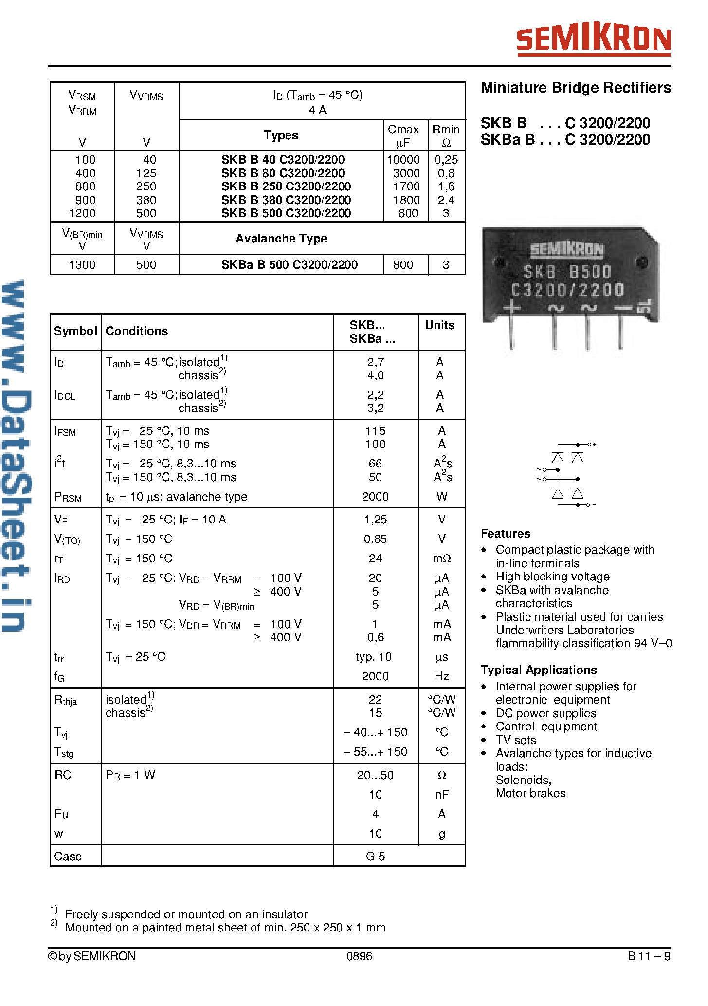 Datasheet SKBB250C3200/2200 page 1 Datasheet SKBB250C3200/2200 - BRIDGE RECTIFIER page 1