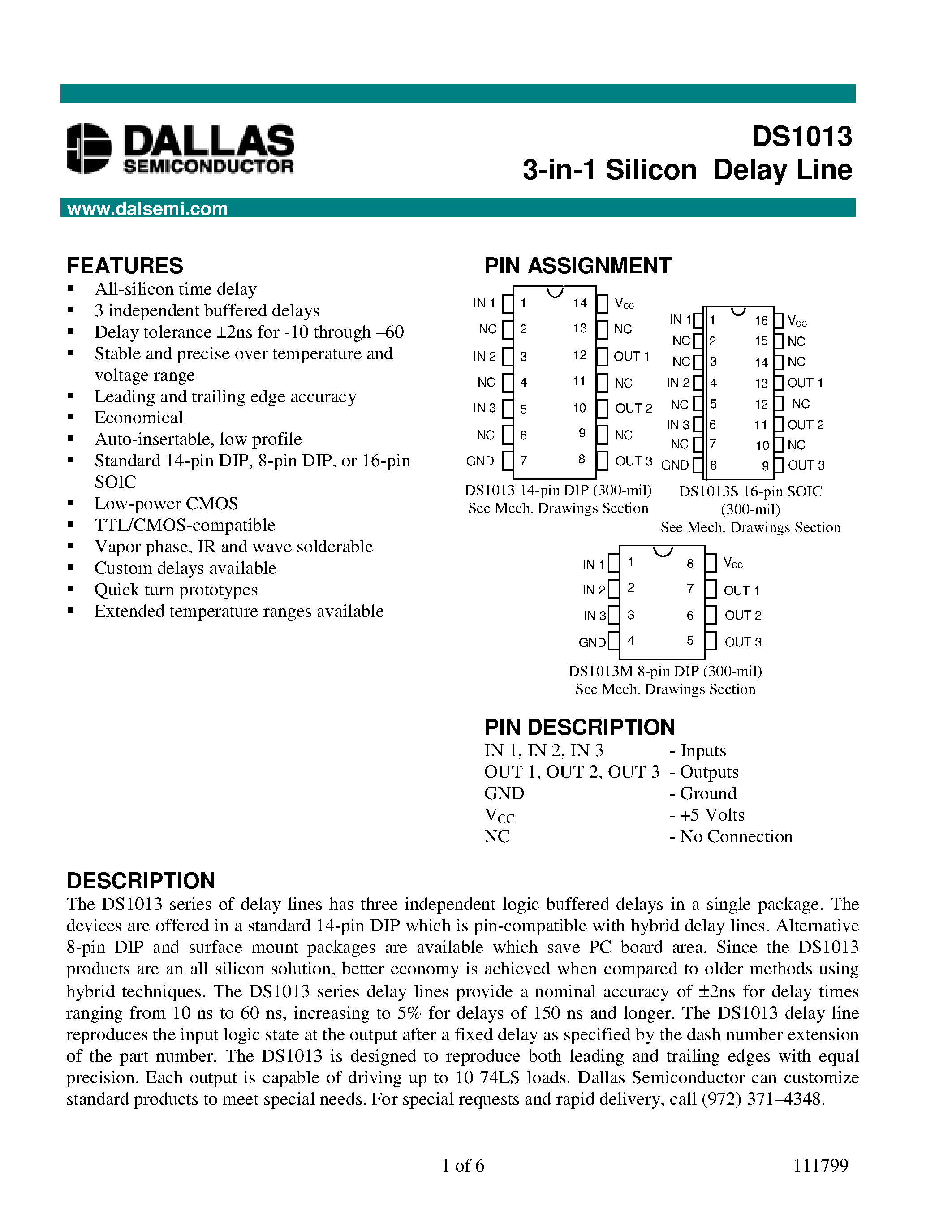 Datasheet DS1013 - 3-in-1 Silicon Delay Line page 1