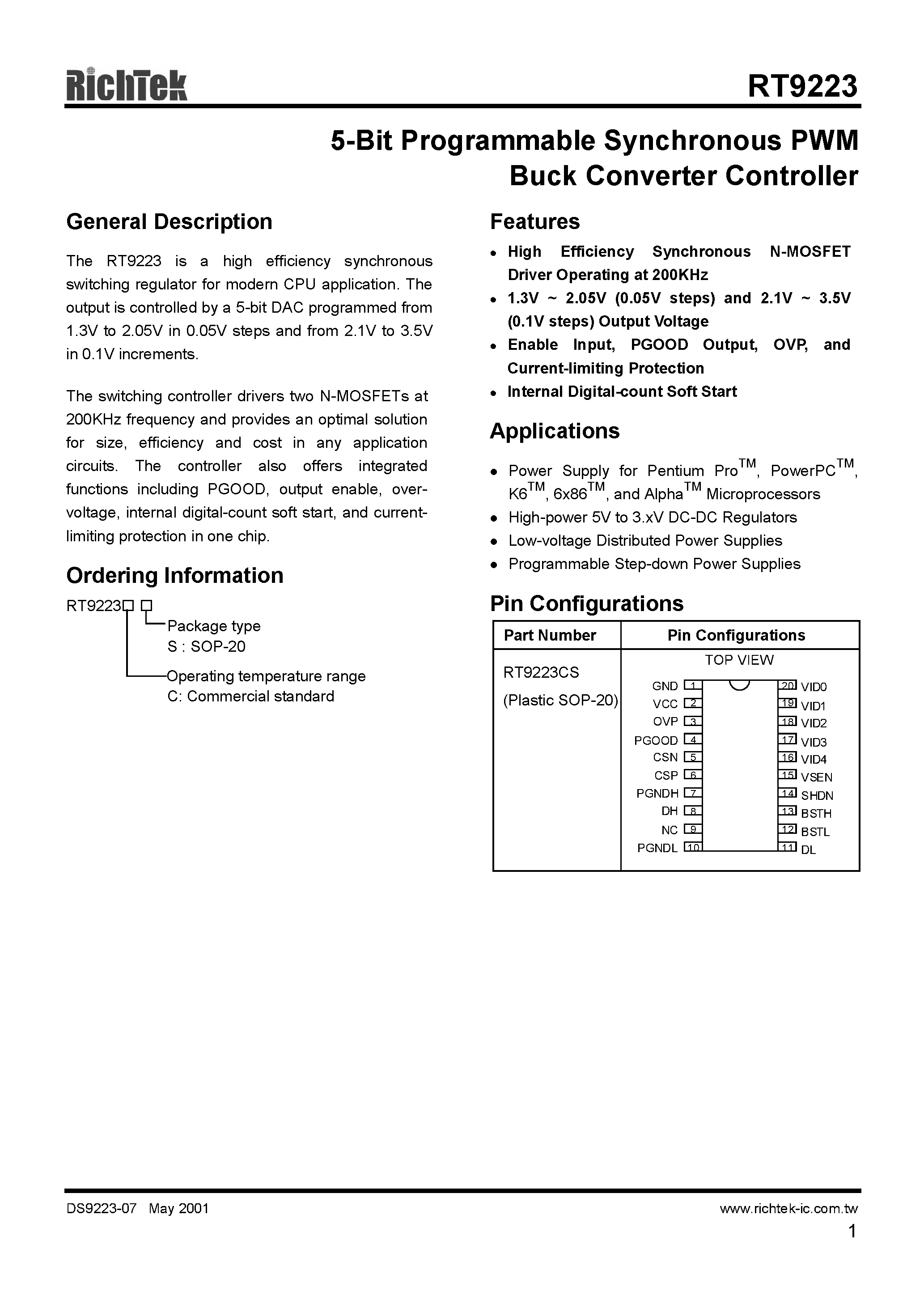 Даташит RT9223 - 5 BIT PROGRAMMABLE SYNCHRONOUS PWM BUCK CONVERTER CONTROLLER страница 1