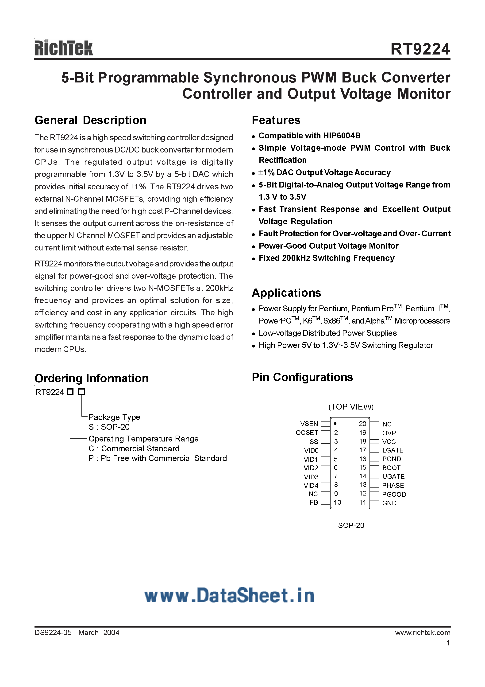 Datasheet RT9224 page 1 Datasheet RT9224 - 5-Bit Programmable Synchronous PWM Buck Converter Controller and Output Voltage Monitor page 1