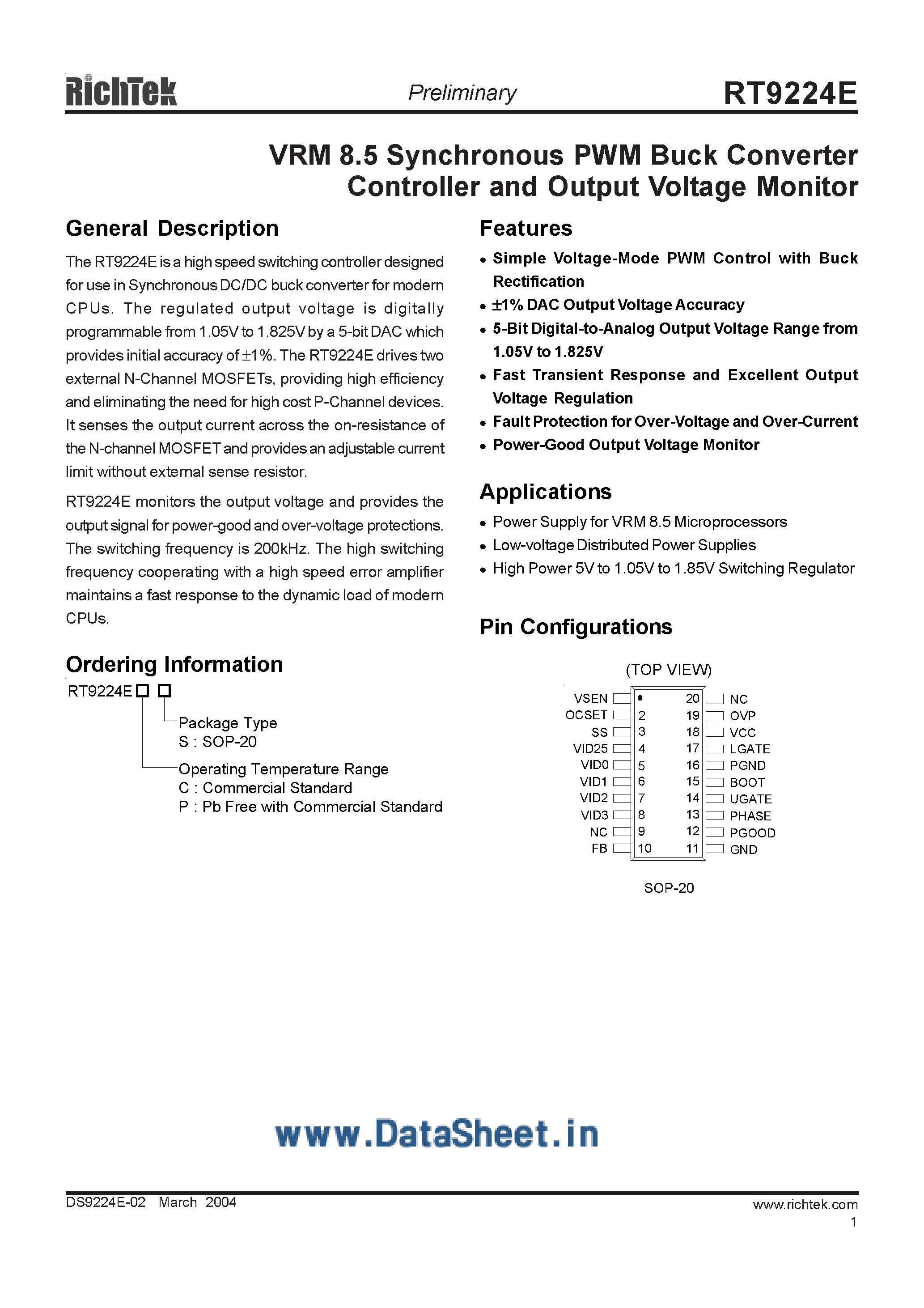 Datasheet RT9224E - VRM 8.5 Synchronous PWM Buck Converter Controller and Output Voltage Monitor page 1