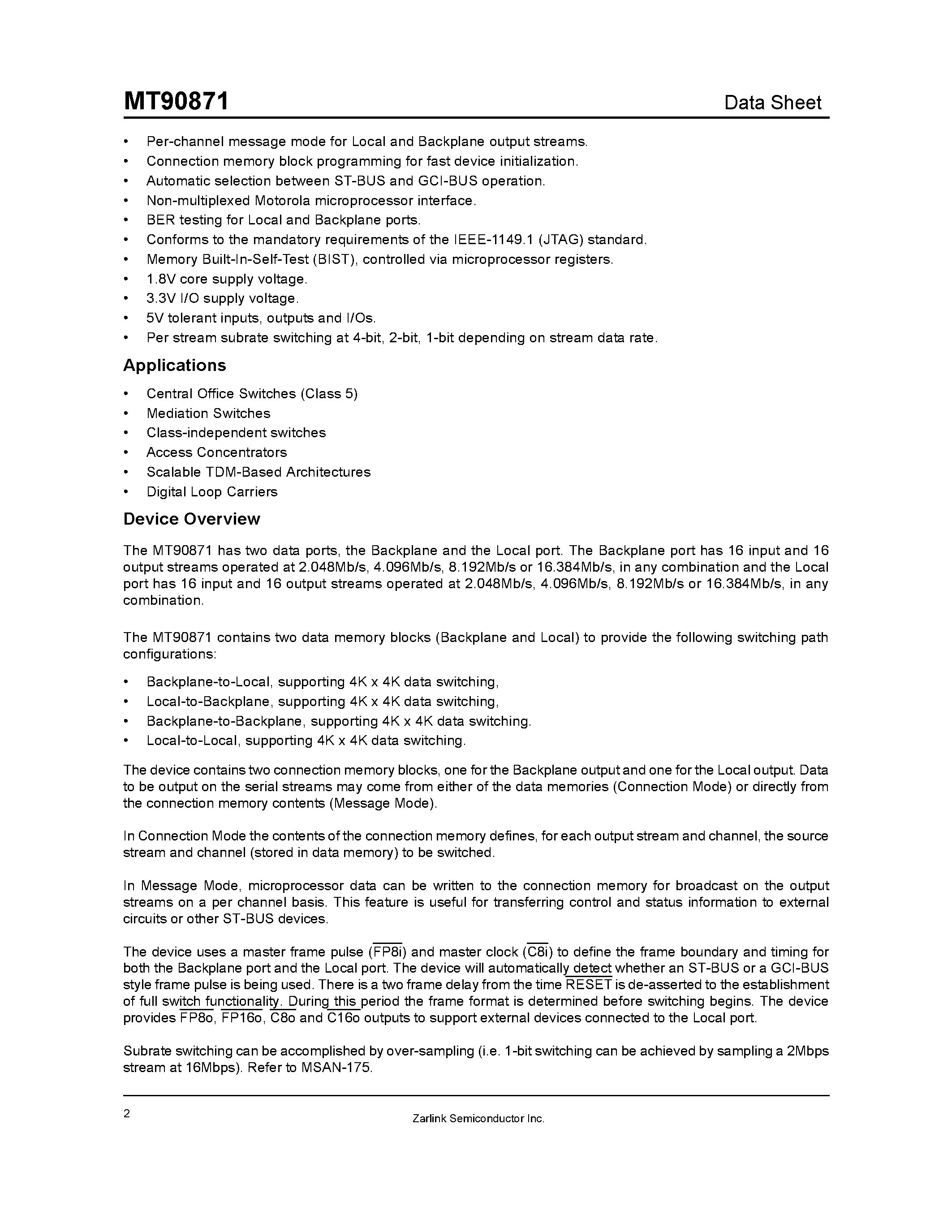 Datasheet MT90871 - Flexible 8K Digital Switch (F8KDX) page 2