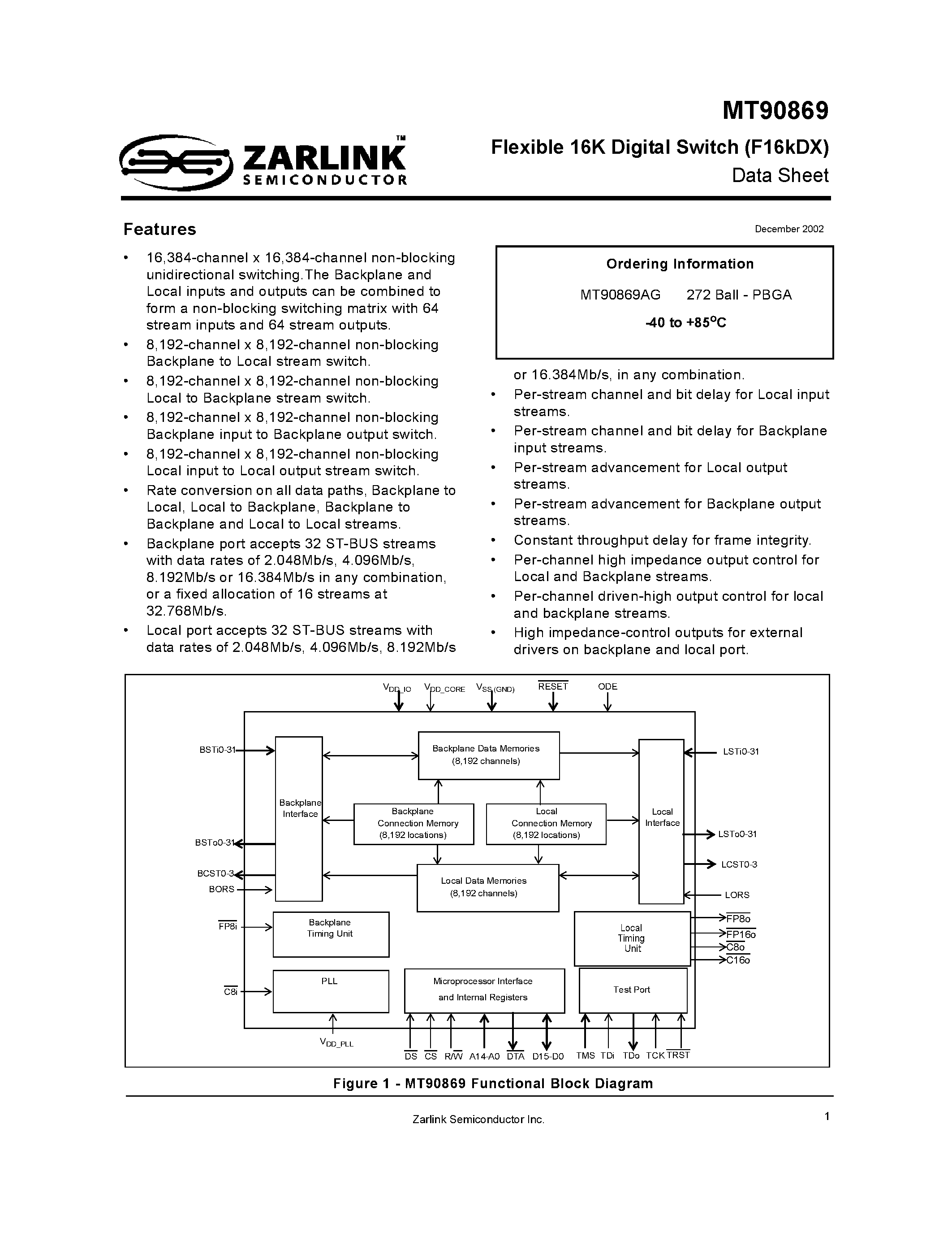 Datasheet MT90869 page 1 Datasheet MT90869 - Flexible 16K Digital Switch (F16kDX) page 1