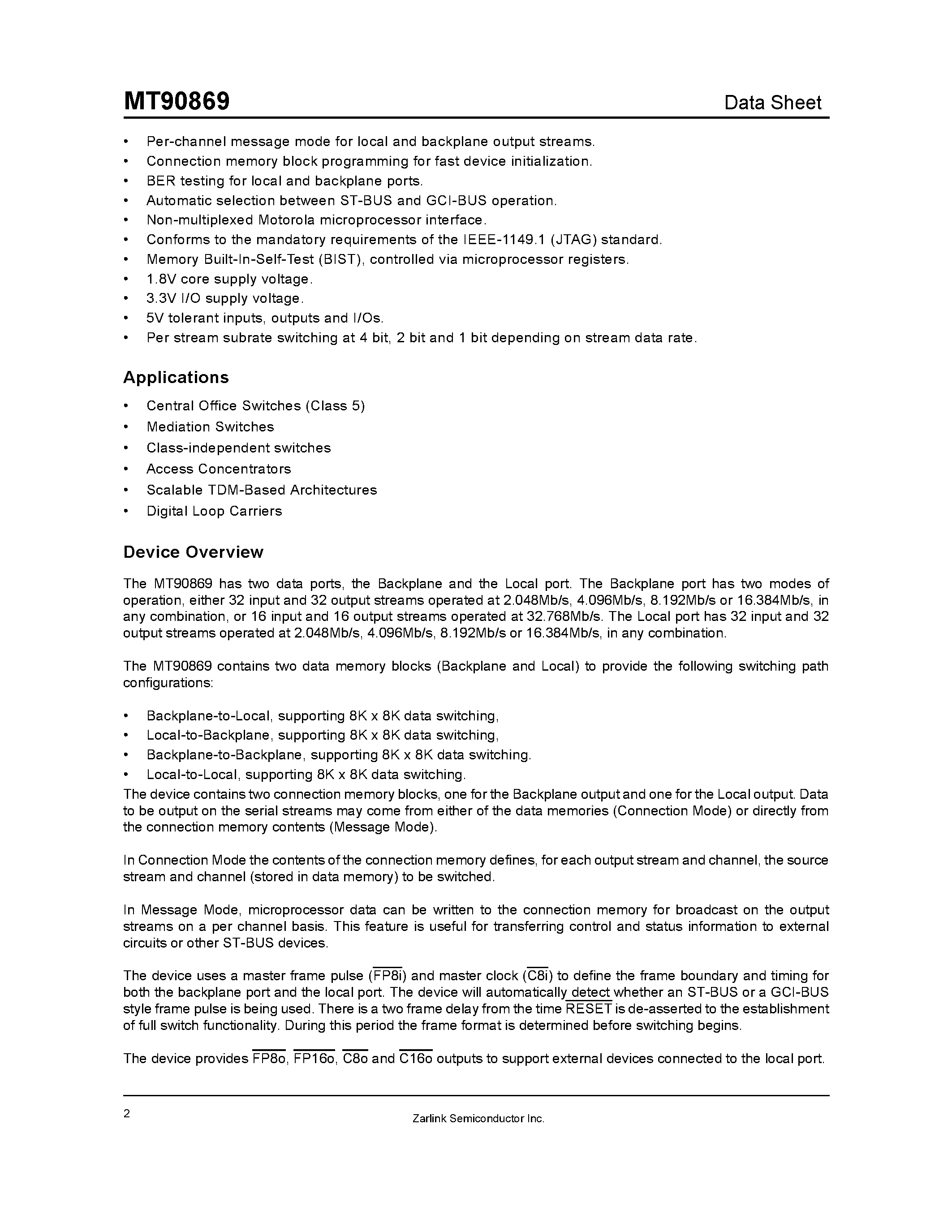Datasheet MT90869 page 2 Datasheet MT90869 - Flexible 16K Digital Switch (F16kDX) page 2