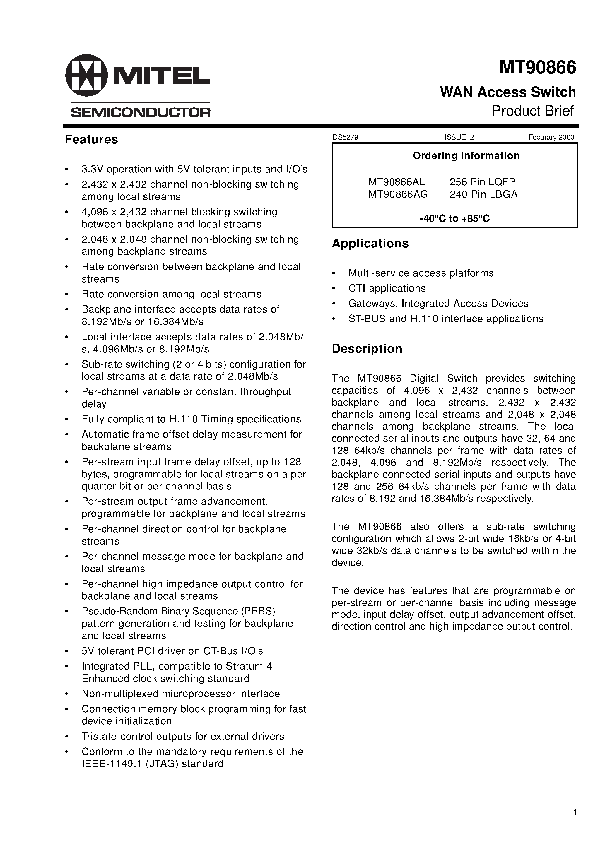 Datasheet MT90866 - WAN Access Switch page 1