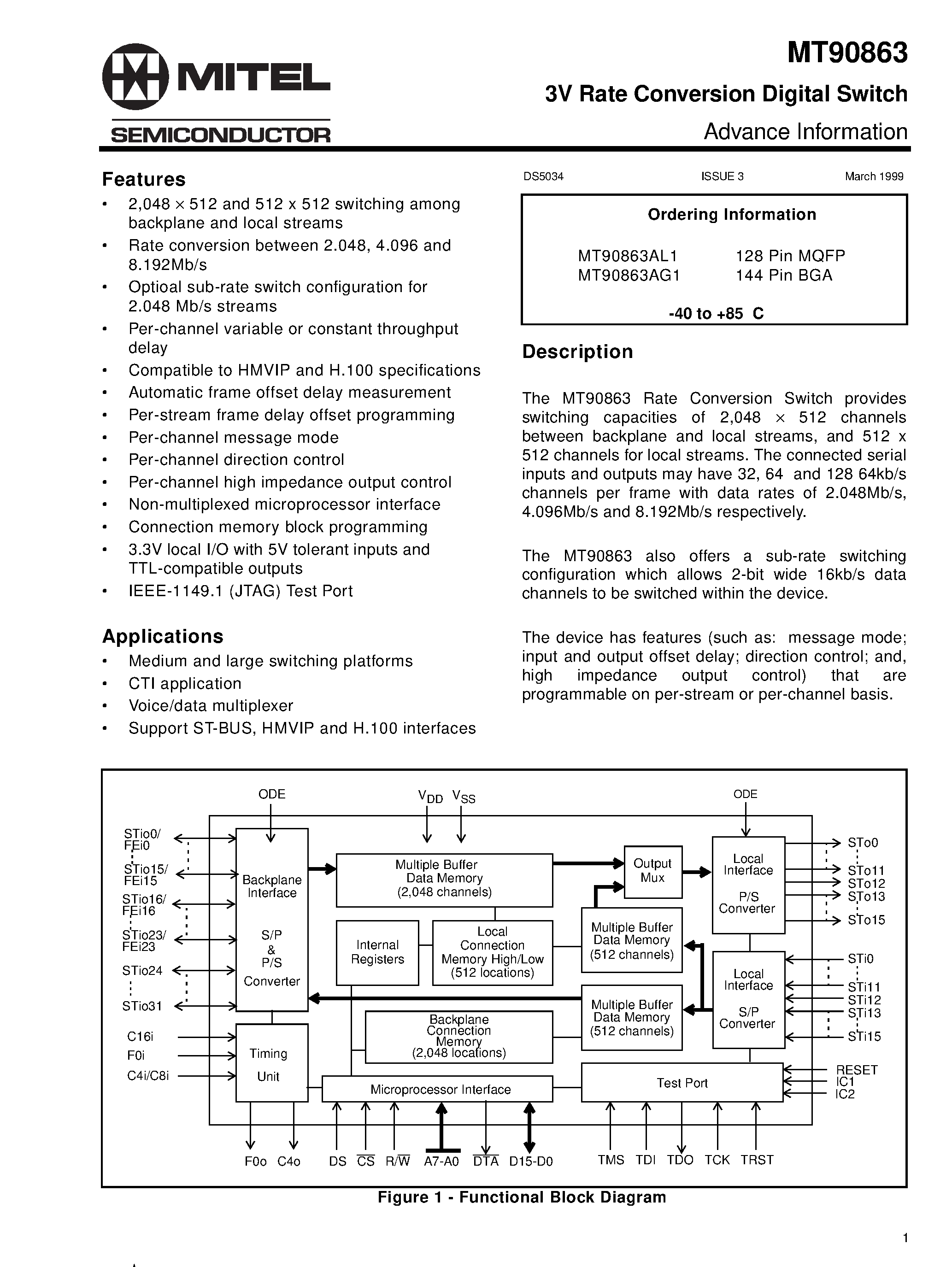 Datasheet MT90863 - 3V Rate Conversion Digital Switch page 1