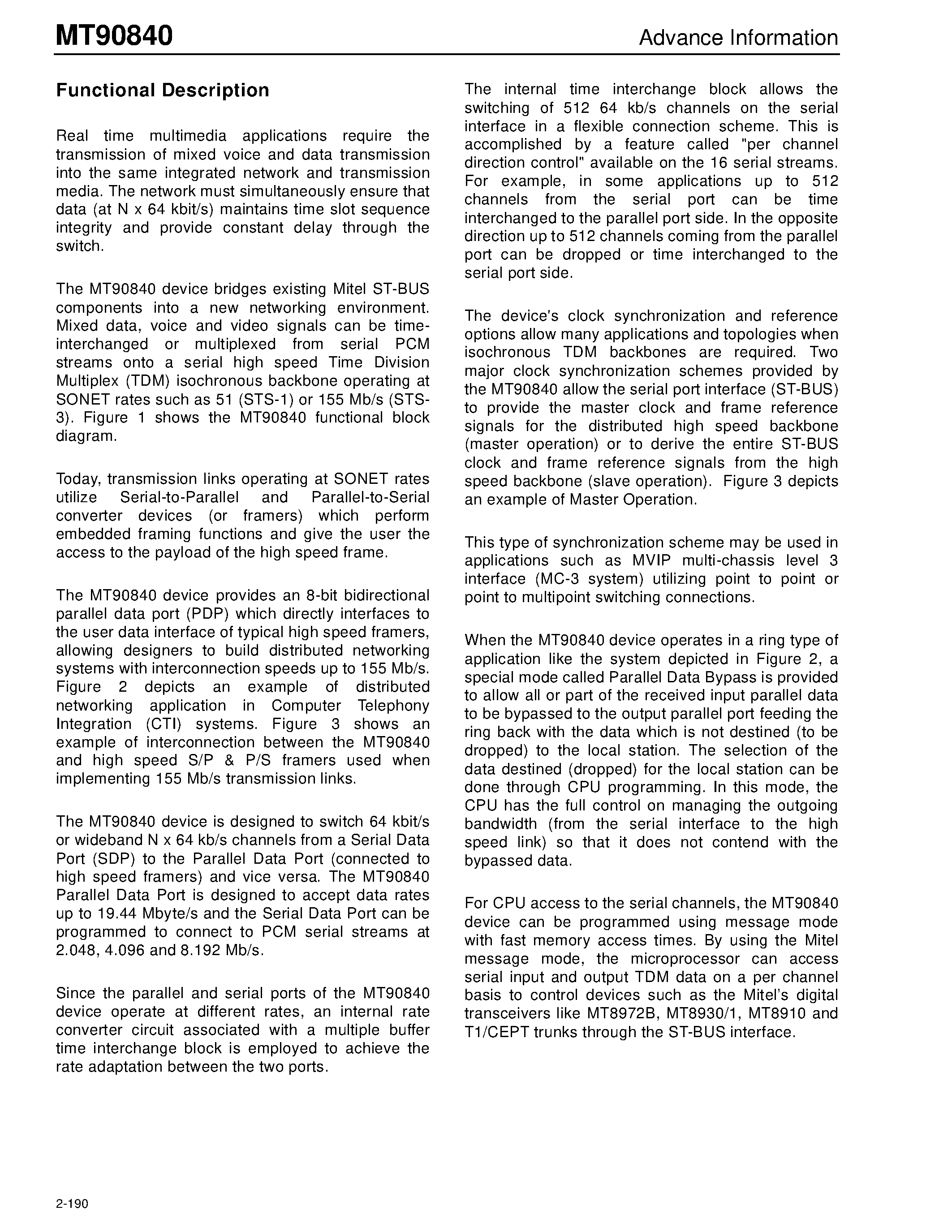 Datasheet MT90840 page 2 Datasheet MT90840 - Distributed Hyperchannel Switch page 2