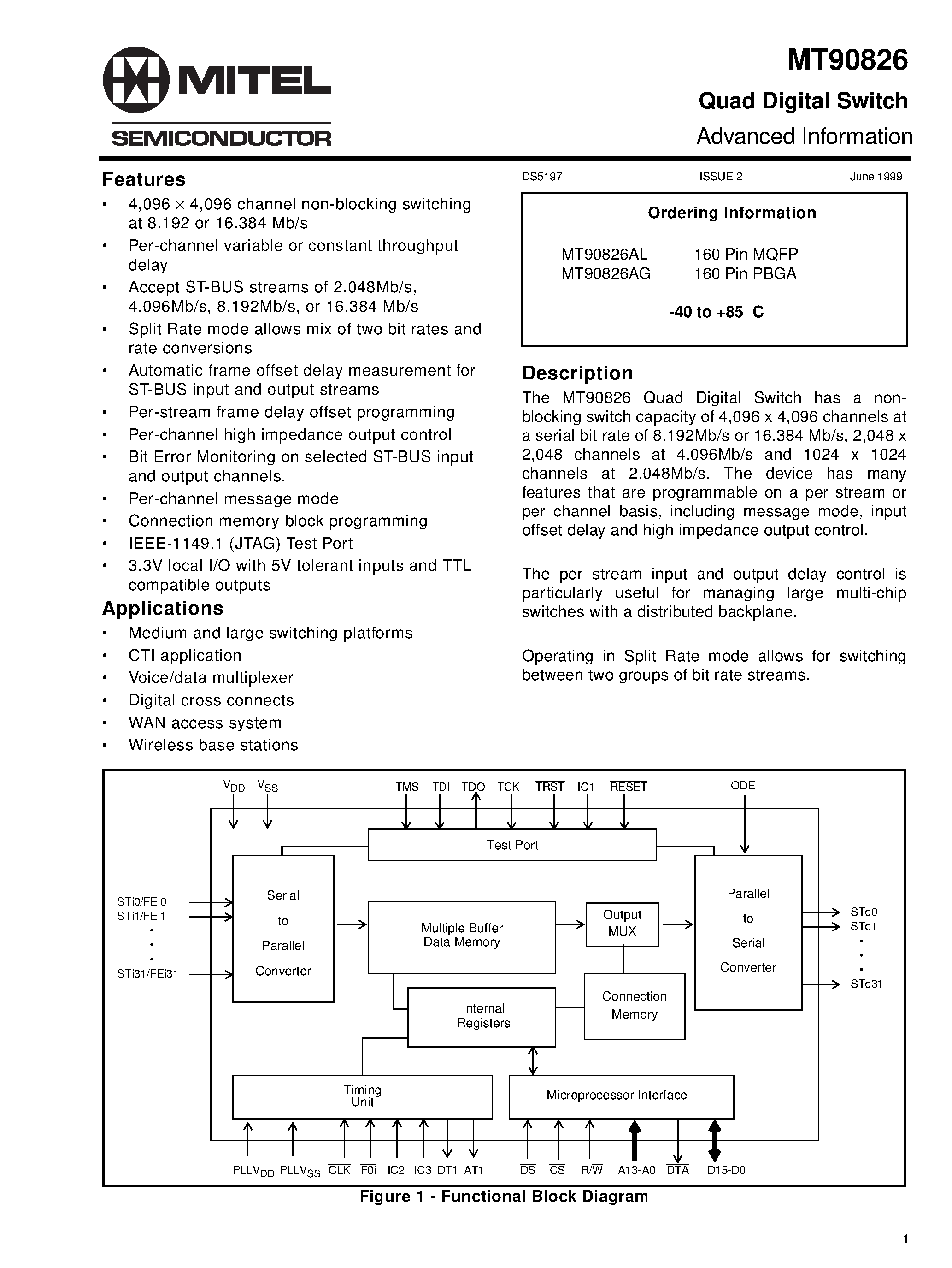 Datasheet MT90826 page 1 Datasheet MT90826 - Quad Digital Switch page 1