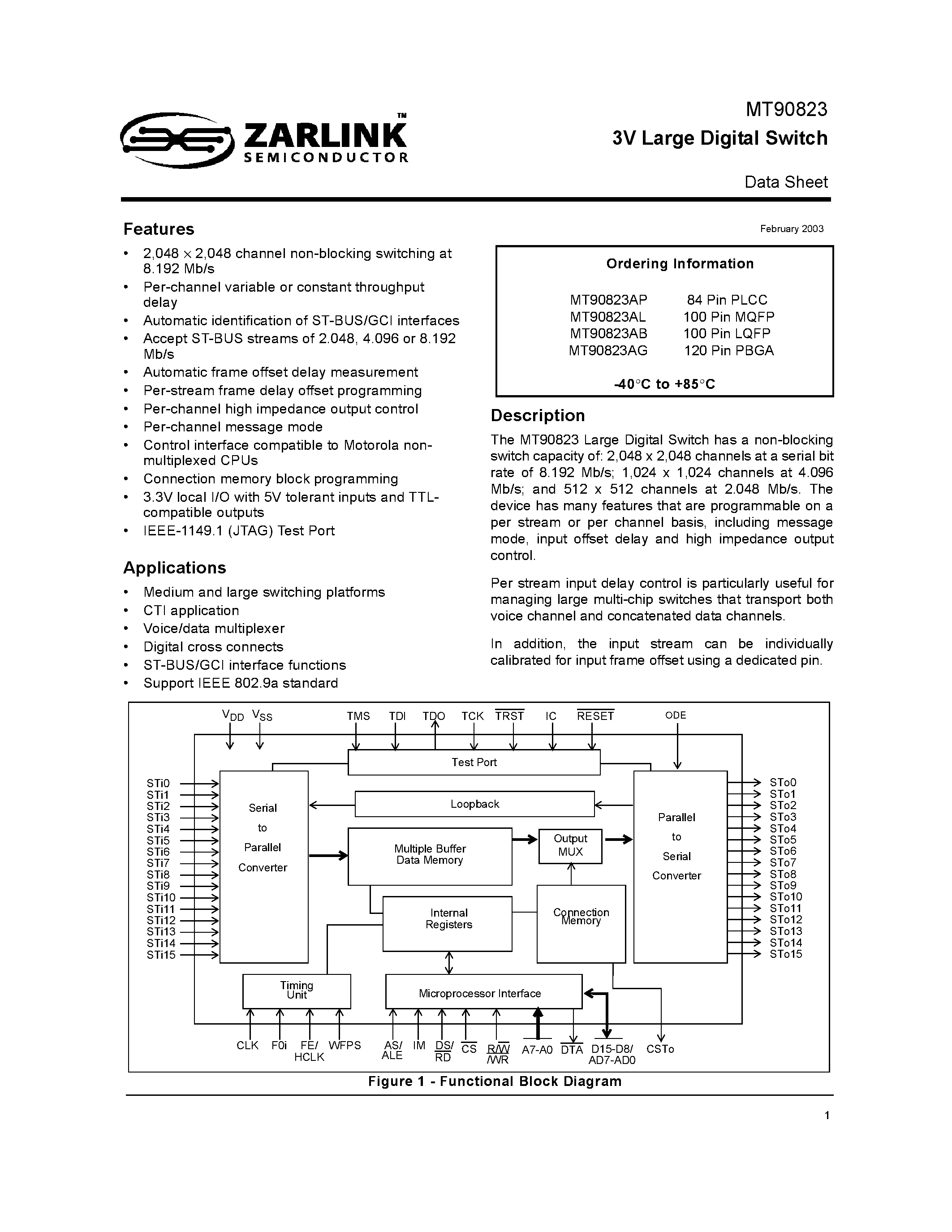 Datasheet MT90823 - 3V Large Digital Switch page 1