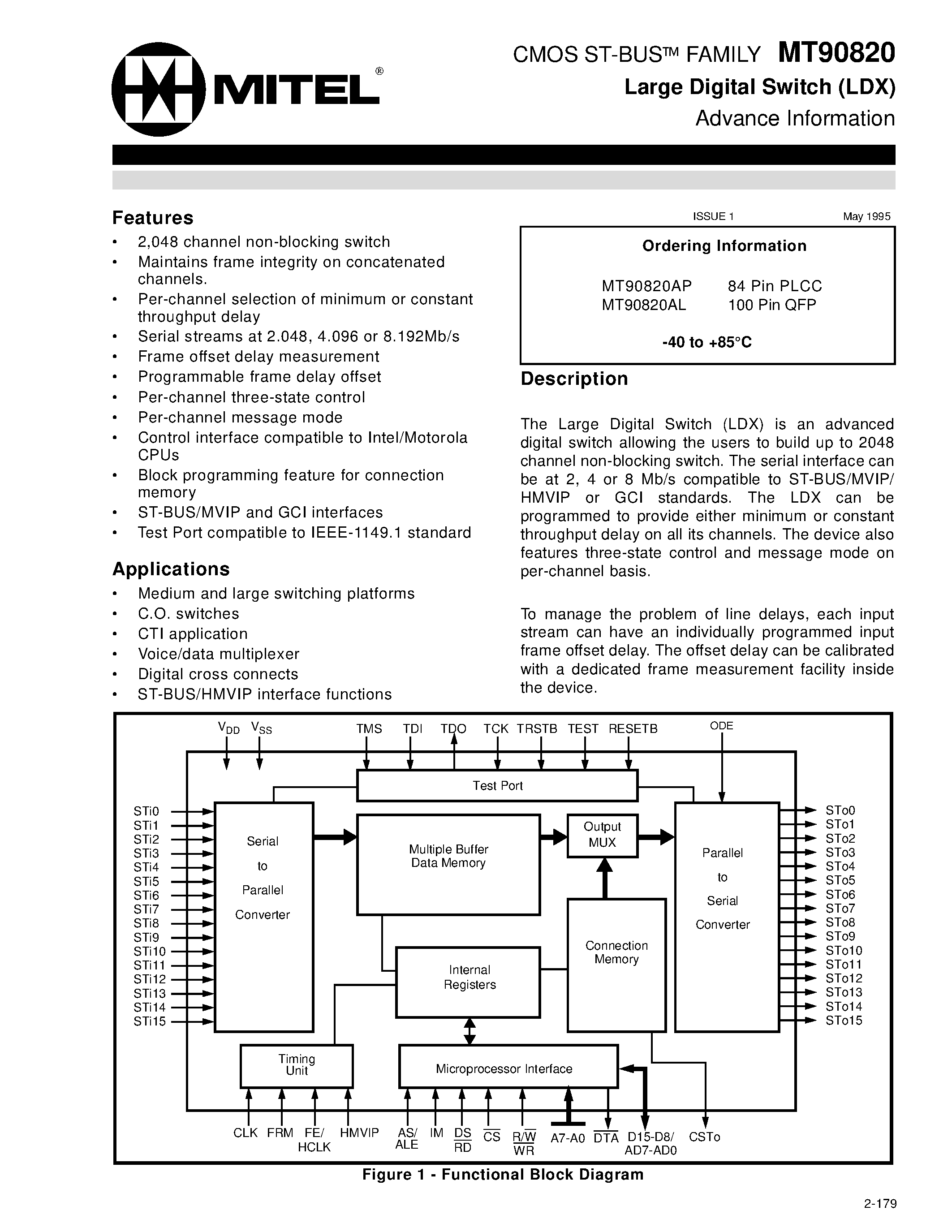 Datasheet MT90820 - CMOS ST-BUS FAMILY Large Digital Switch (LDX) page 1