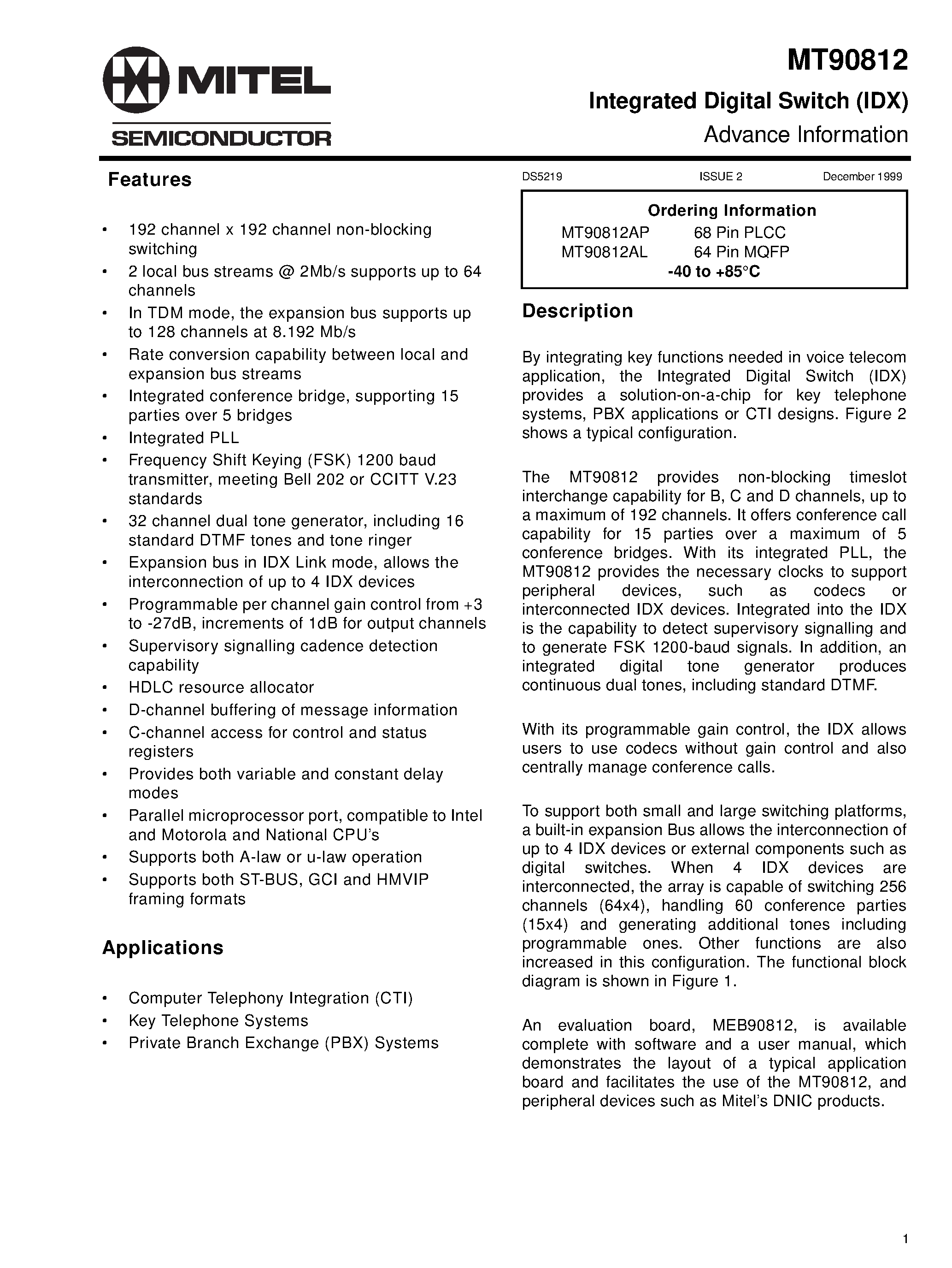 Datasheet MT90812 page 1 Datasheet MT90812 - Integrated Digital Switch (IDX) page 1