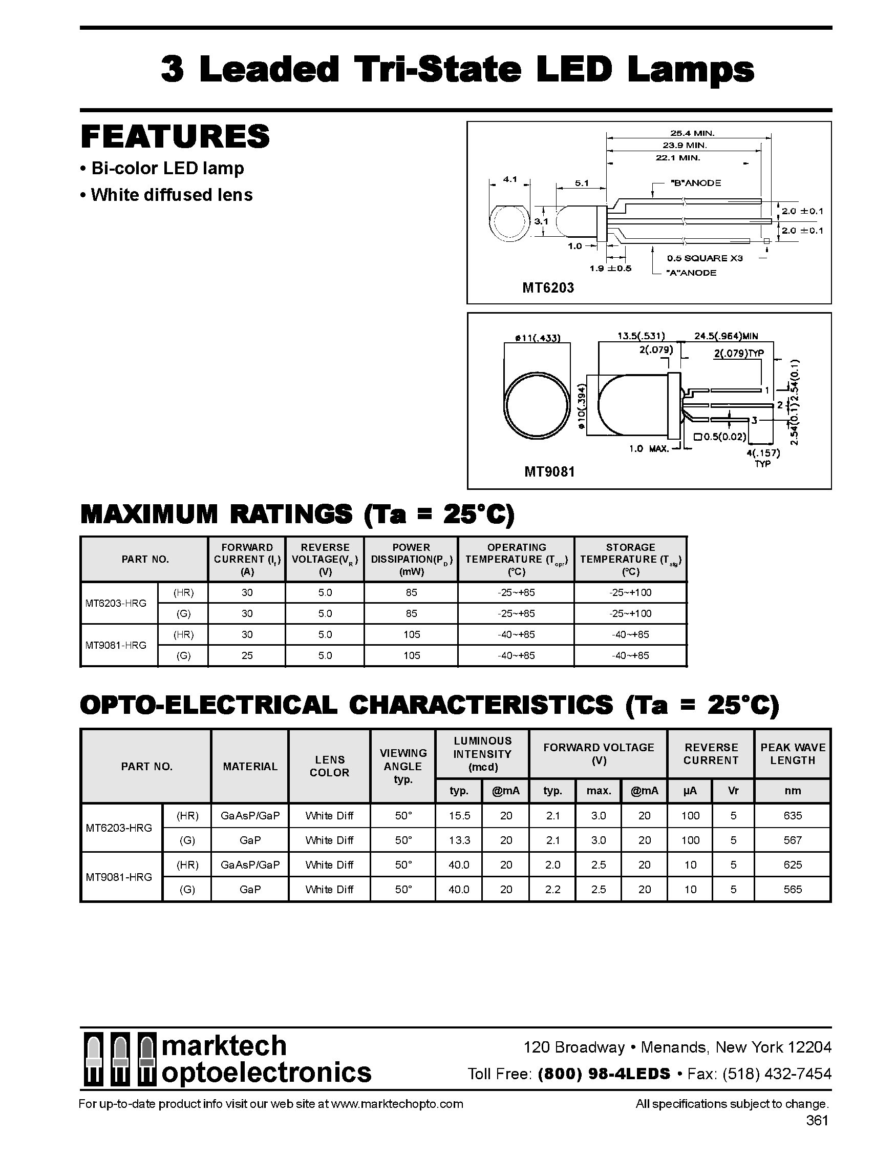 Datasheet MT9081 - 3 Leaded Tri-State LED Lamps page 1