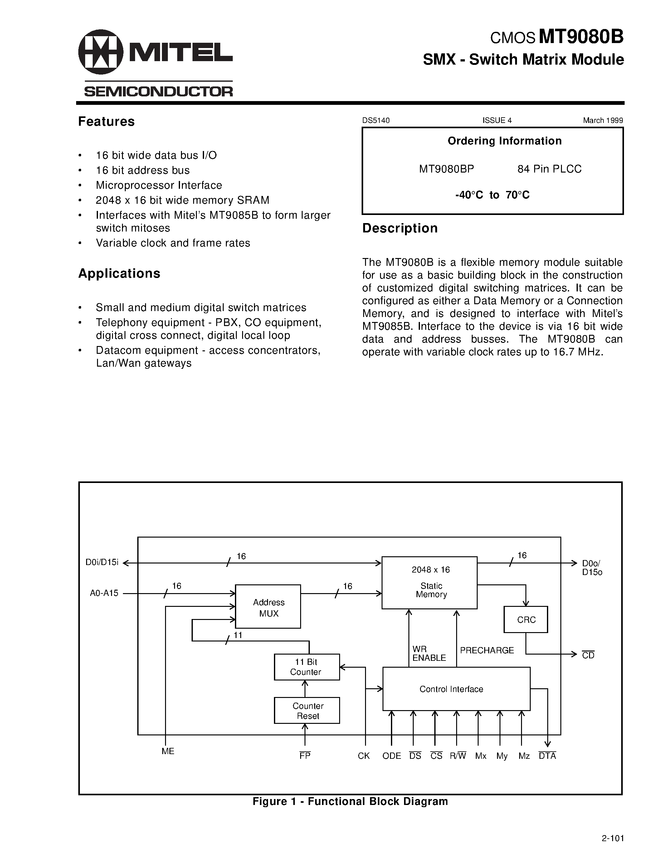 Datasheet MT9080B page 1 Datasheet MT9080B - CMOS SMX - Switch Matrix Module page 1