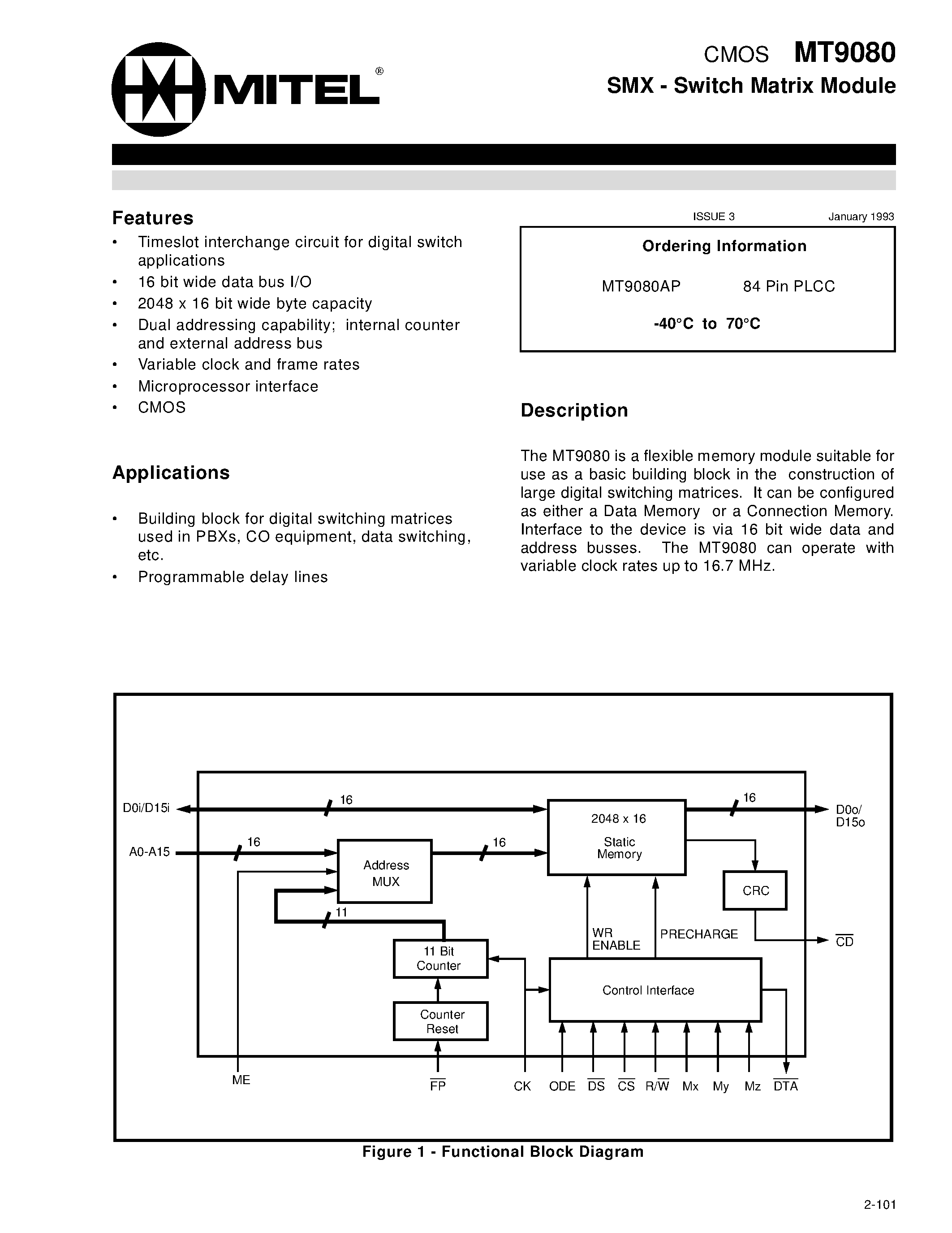 Datasheet MT9080 page 1 Datasheet MT9080 - CMOS SMX - Switch Matrix Module page 1