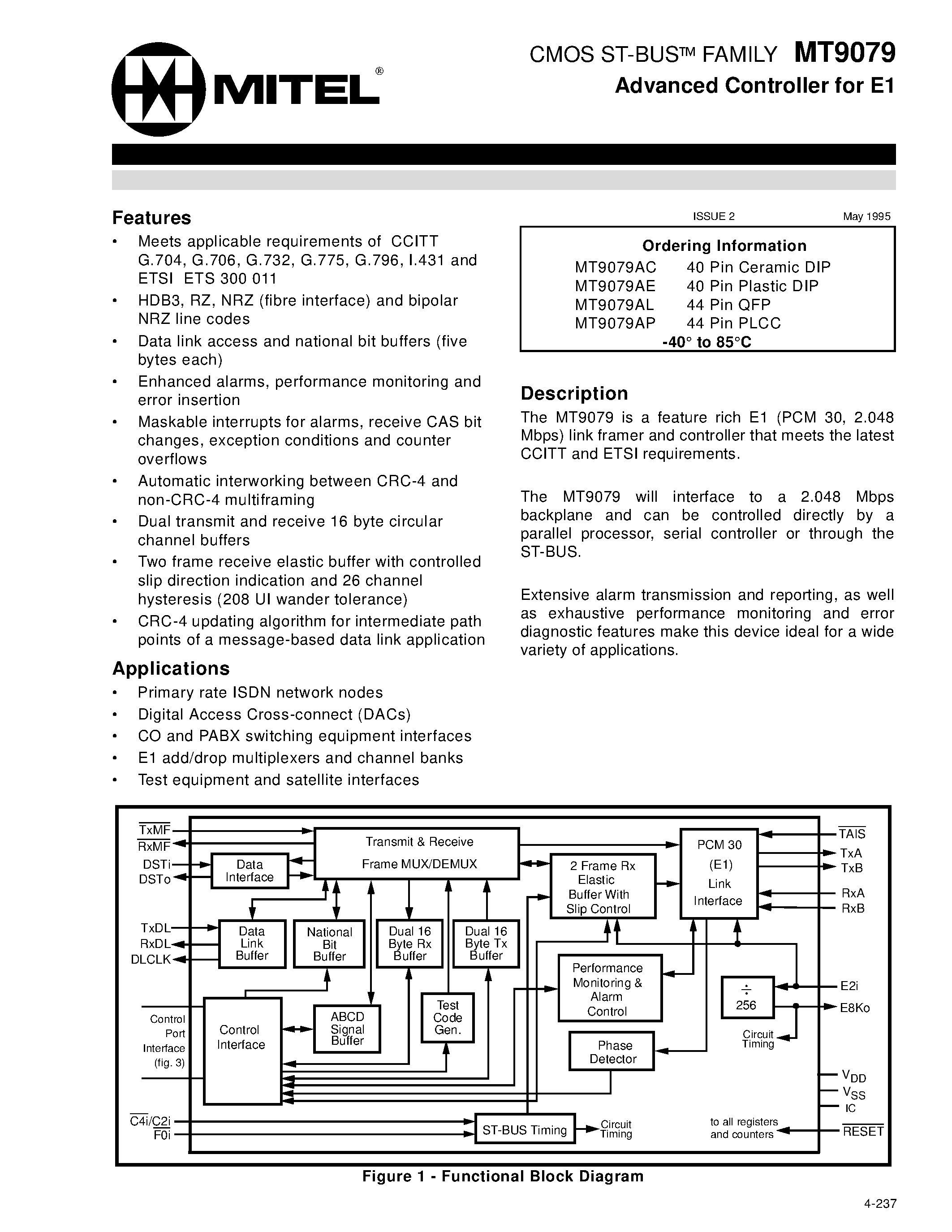 Datasheet MT9079 - CMOS ST-BUS FAMILY Advanced Controller for E1 page 1