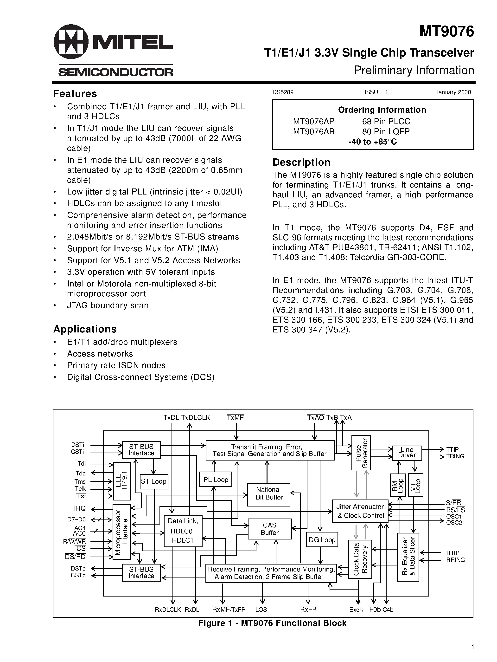 Datasheet MT9076 - T1/E1/J1 3.3V Single Chip Transceiver page 1