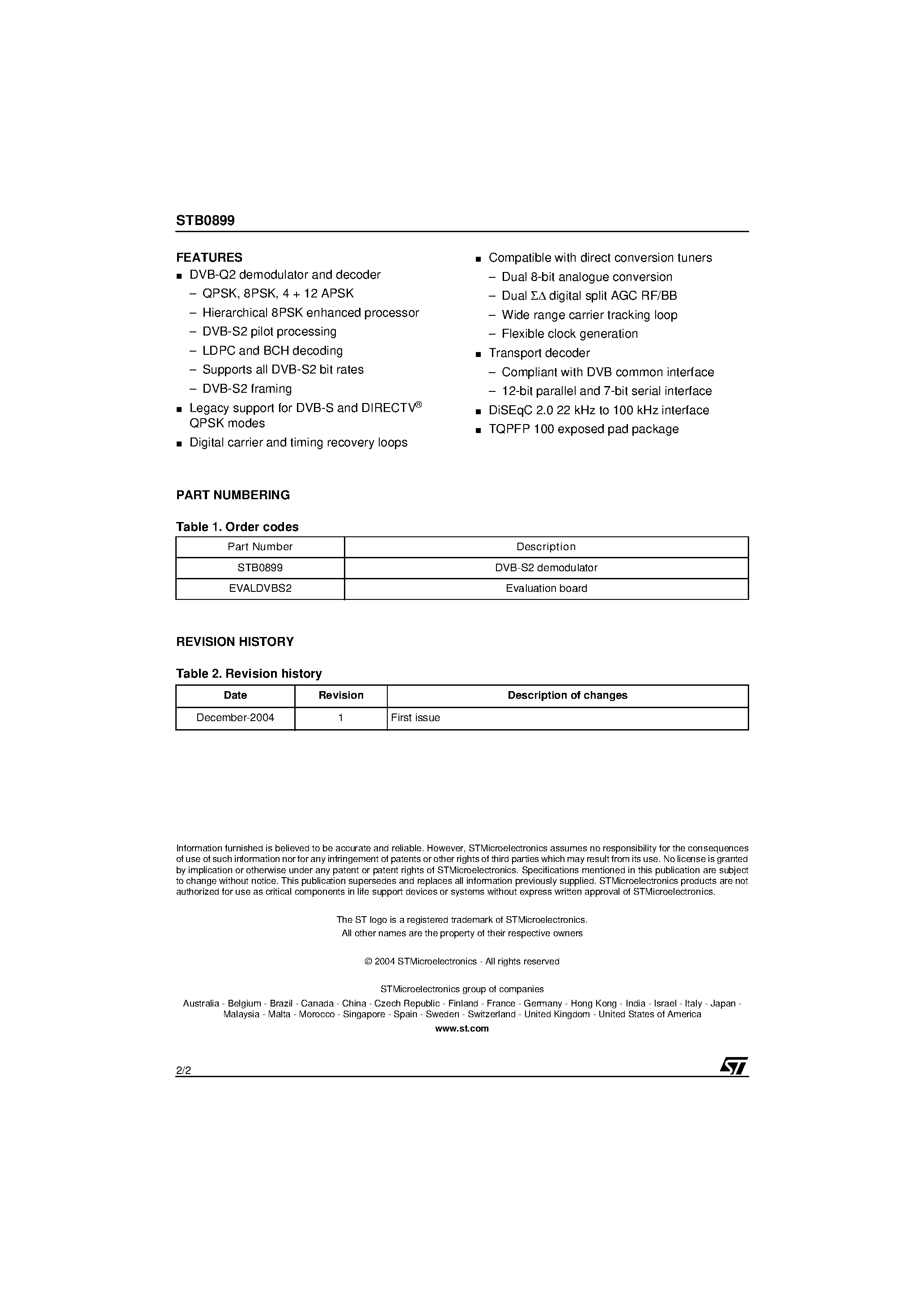 Datasheet STB0899 - Multistandard advance demodulator STB0899 Digital TV satellite set-top boxes page 2