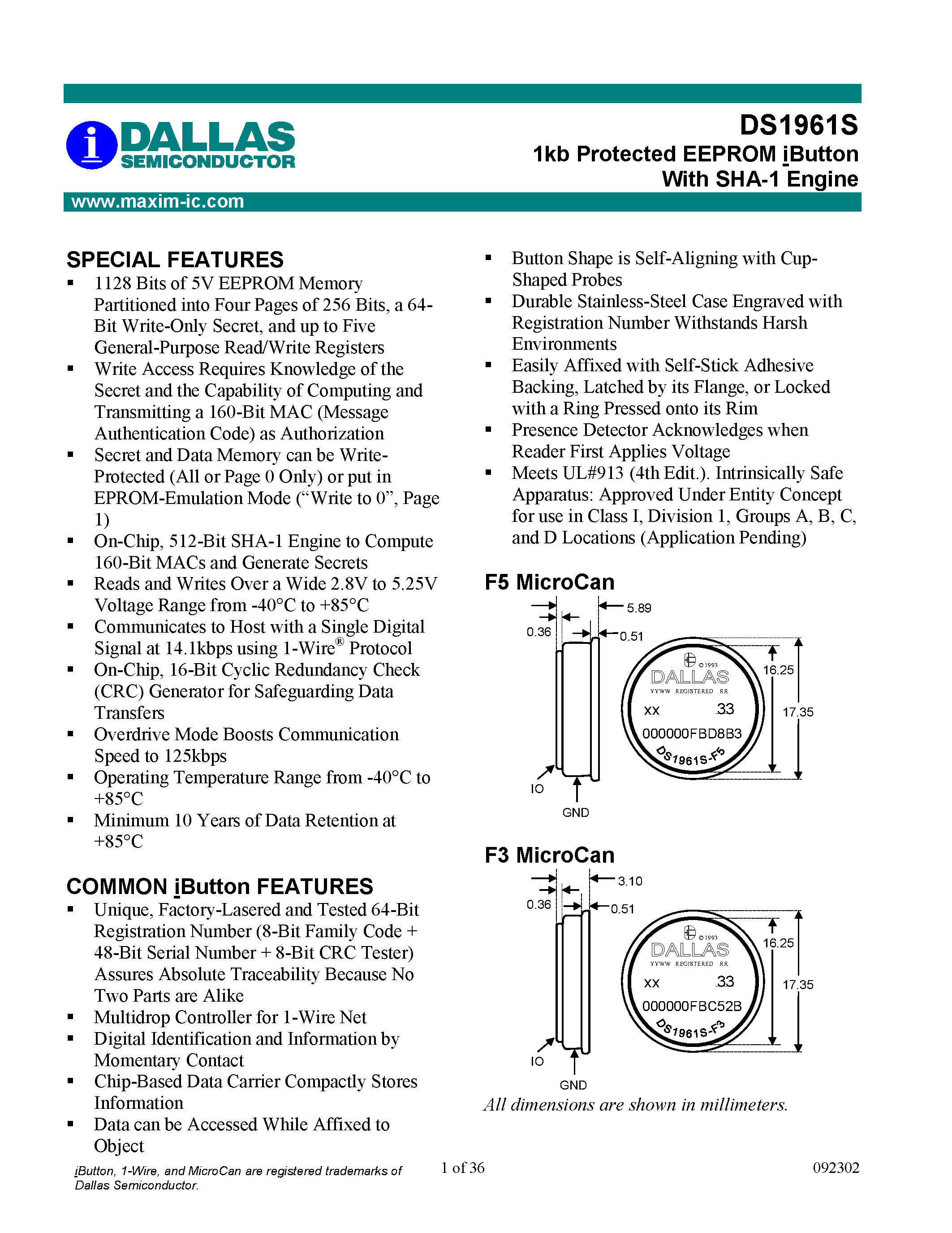 Datasheet DS1961S - 1kb Protected EEPROM iButton With SHA-1 Engine page 1